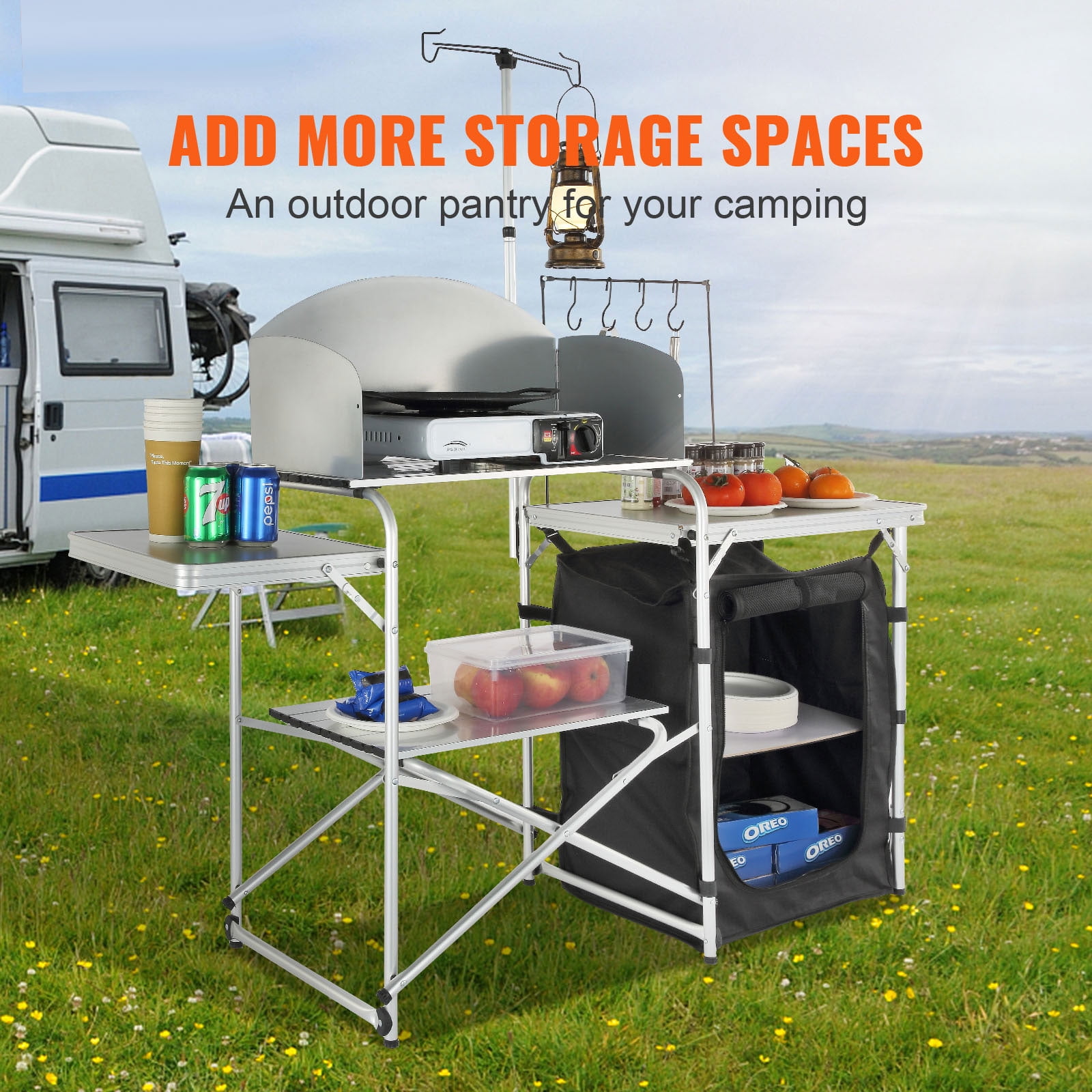 VEVOR Camping Kitchen Table Folding Portable Cook Table 1 Cupboard & Windscreen - Image 9
