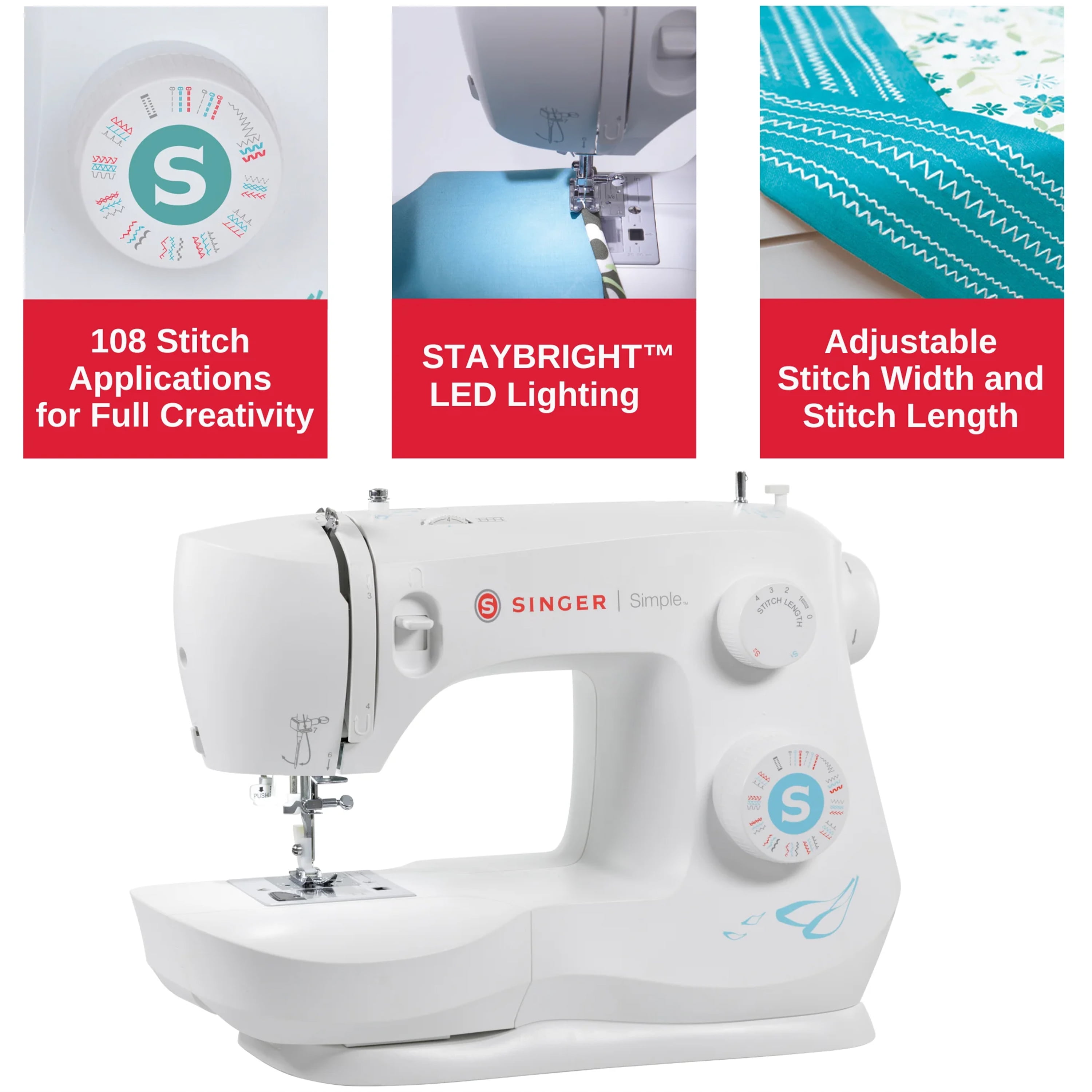 SINGER Simple 3337 Lightweight & Portable Sewing Machine With 108 Stitch Applications, LED Light & 1-step Buttonhole | Used for Crafting and Sewing - White - Image 7
