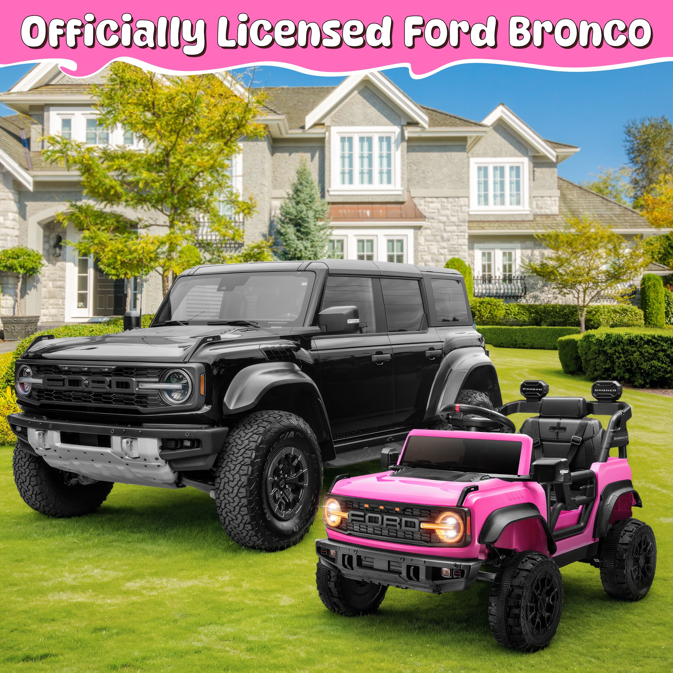 iYofe Ford Bronco Raptor Electric Ride on Toy Car for Toddler Kids, 12V Battery Powered Ride on Cars w/Remote Control, Bluetooth & Lights, Pink - Image 6