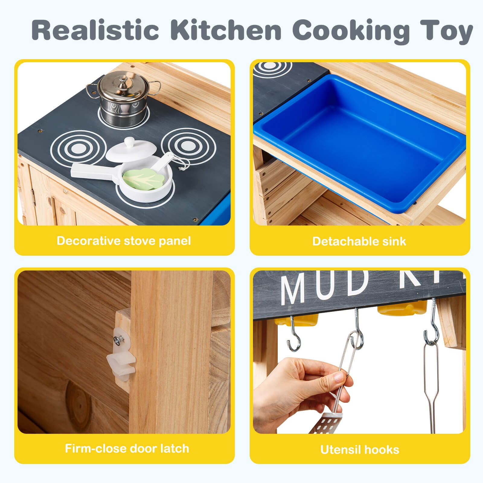 Costway Kids Kitchen Playset Wooden Outdoor Mud Kitchen Pretend Play Toy W/ Kitchenware - Image 5