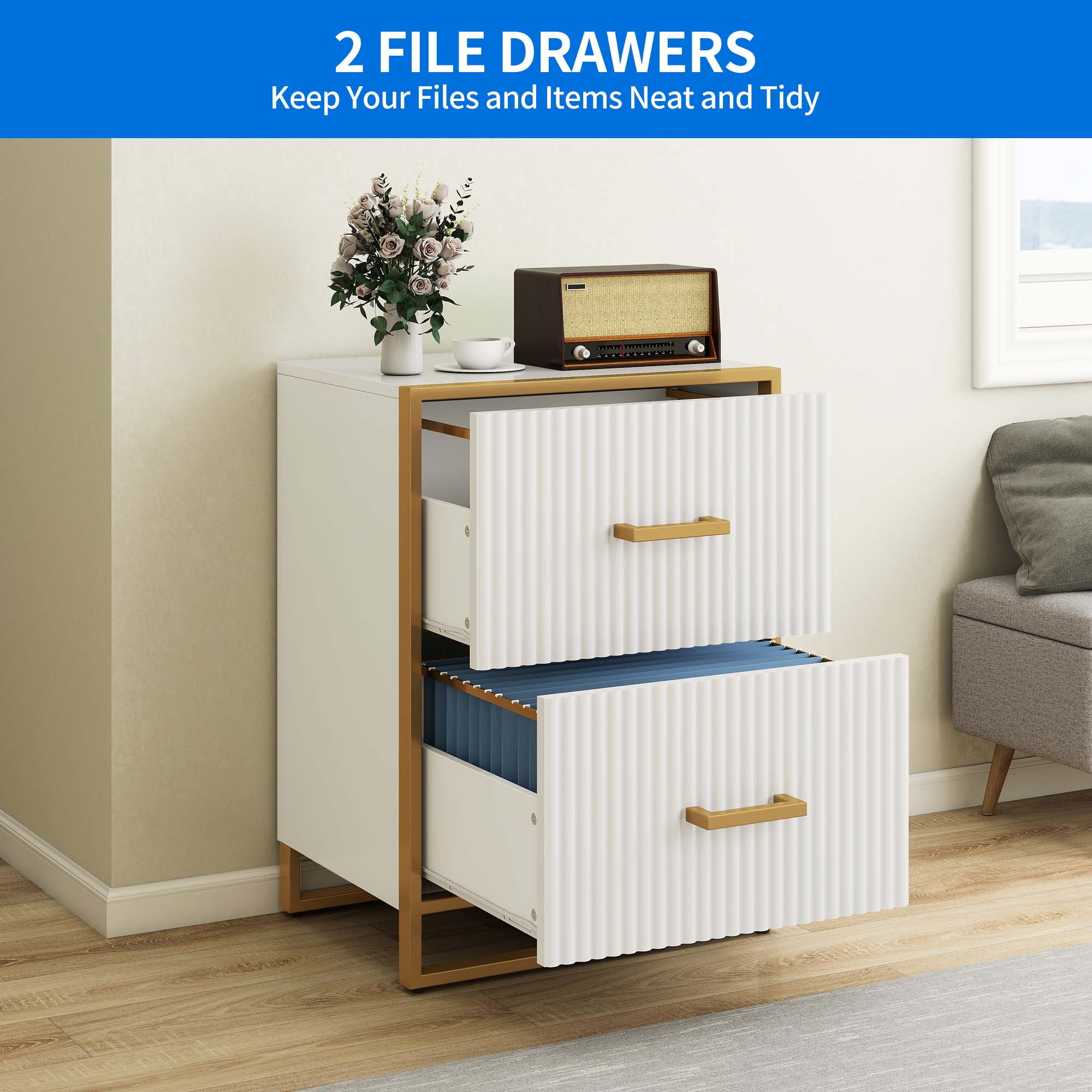 Dextrus 2 Drawer File Cabinet with Metal Legs , Wood Lateral Filing Cabinet Printer Stand Fits A4 Letter Legal Size Files for Home Office, White & Gold - Image 8