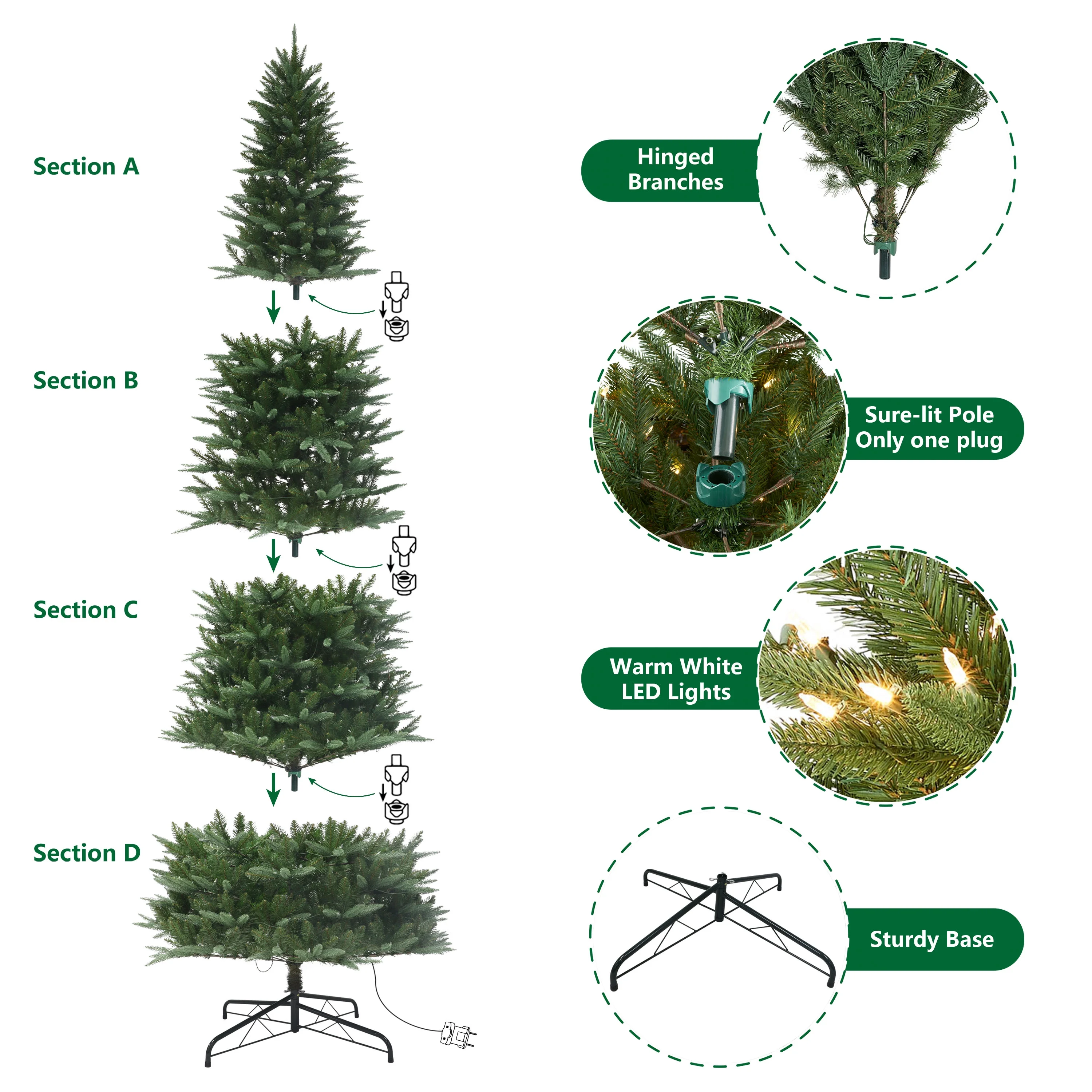 12ft Pre-Lit Rockford Sure-Lit Pole Slim Pine Christmas Tree, 800 LED, Green, by Holiday Time - Image 5