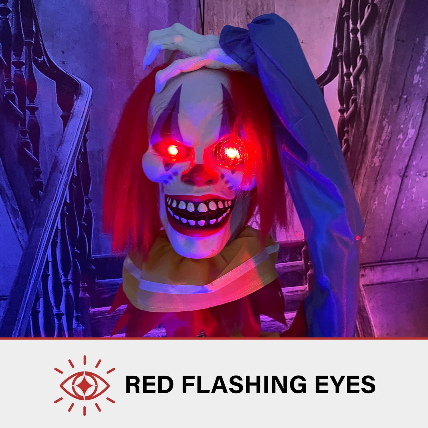 Haunted Hill Farm 20" Animatronic Pop-Up Talking Clown Head with Light-Up Eyes for Scary Halloween Tabletop Decoration, HHCLOWN-29FLSA - Image 7