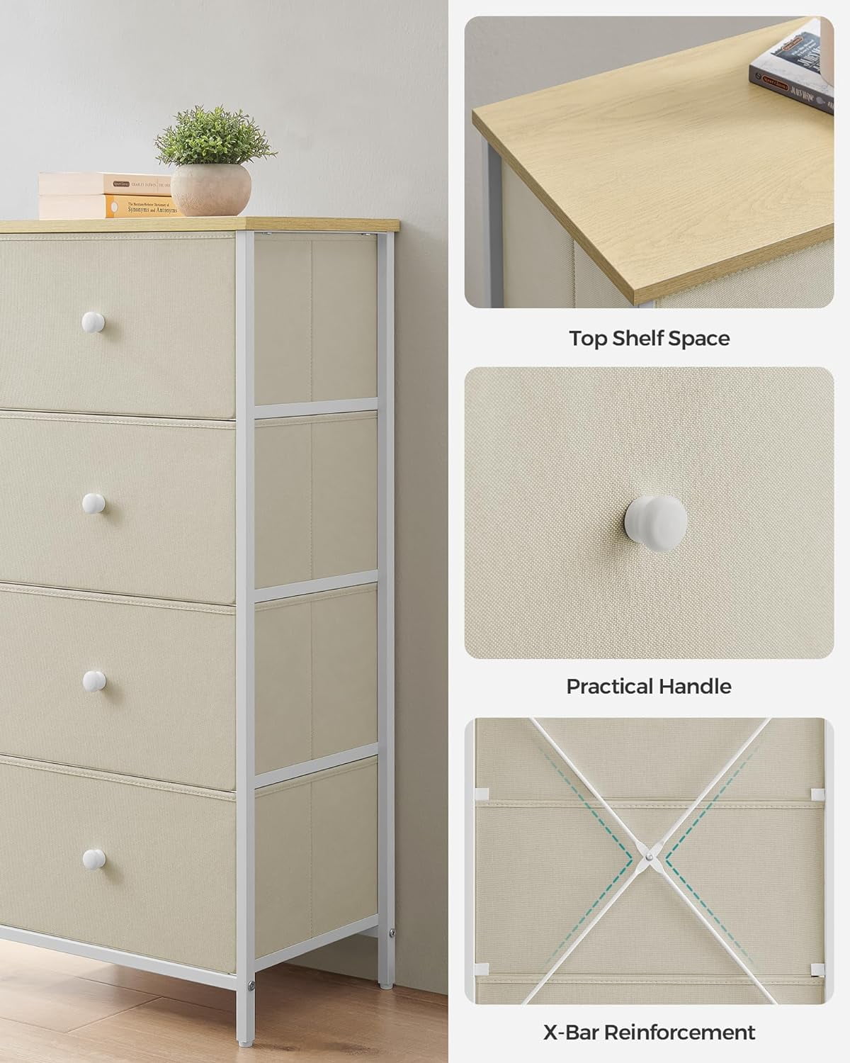 4-Drawer Fabric Dresser, Camel Yellow + Cream White, 11.8"D x 31.5"W x 28"H - Image 6