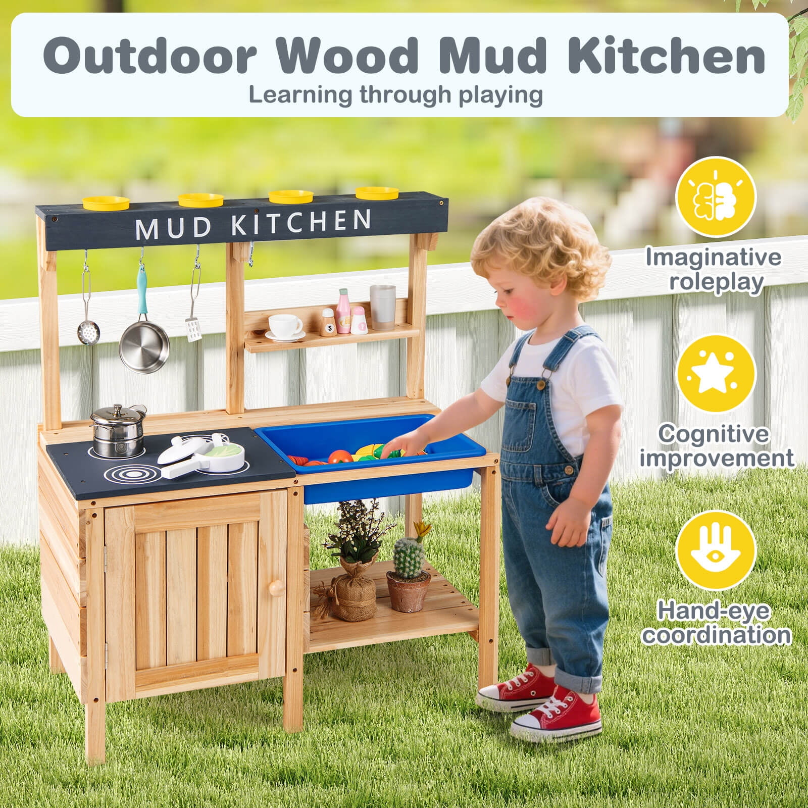 Costway Kids Kitchen Playset Wooden Outdoor Mud Kitchen Pretend Play Toy W/ Kitchenware - Image 10