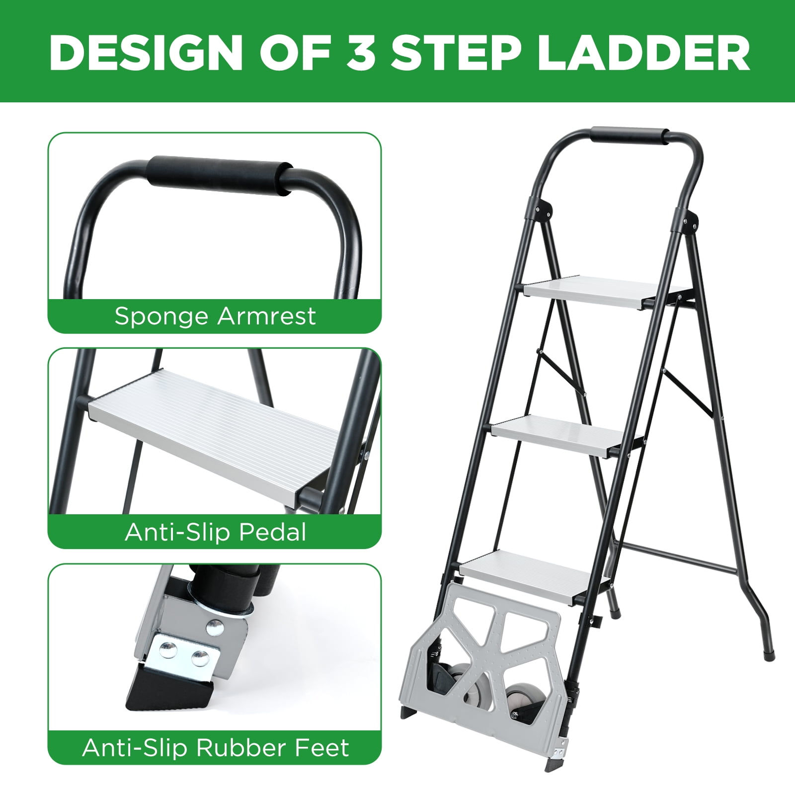 2 in 1 Step Ladder & Hand Truck,Aluminum 3 Step Stool,Folding Ladder with Anti-Slip Pedal,Heavy Duty Dolly Cart, Utility Platform Cart with Wheels - Image 7
