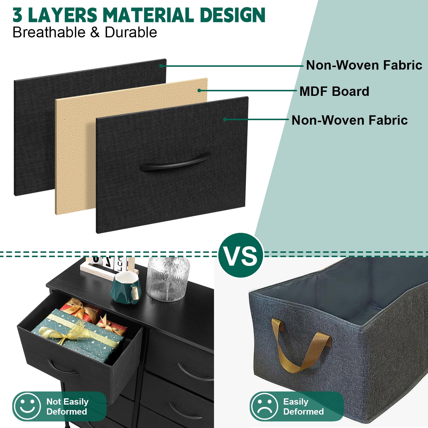 Vesteel 8 Drawers Dresser for Bedroom, Double Dresser Tall Storage Tower with Fabric Bins, Chest of Drawers for Closet, Living Room, Hallway, Black - Image 7