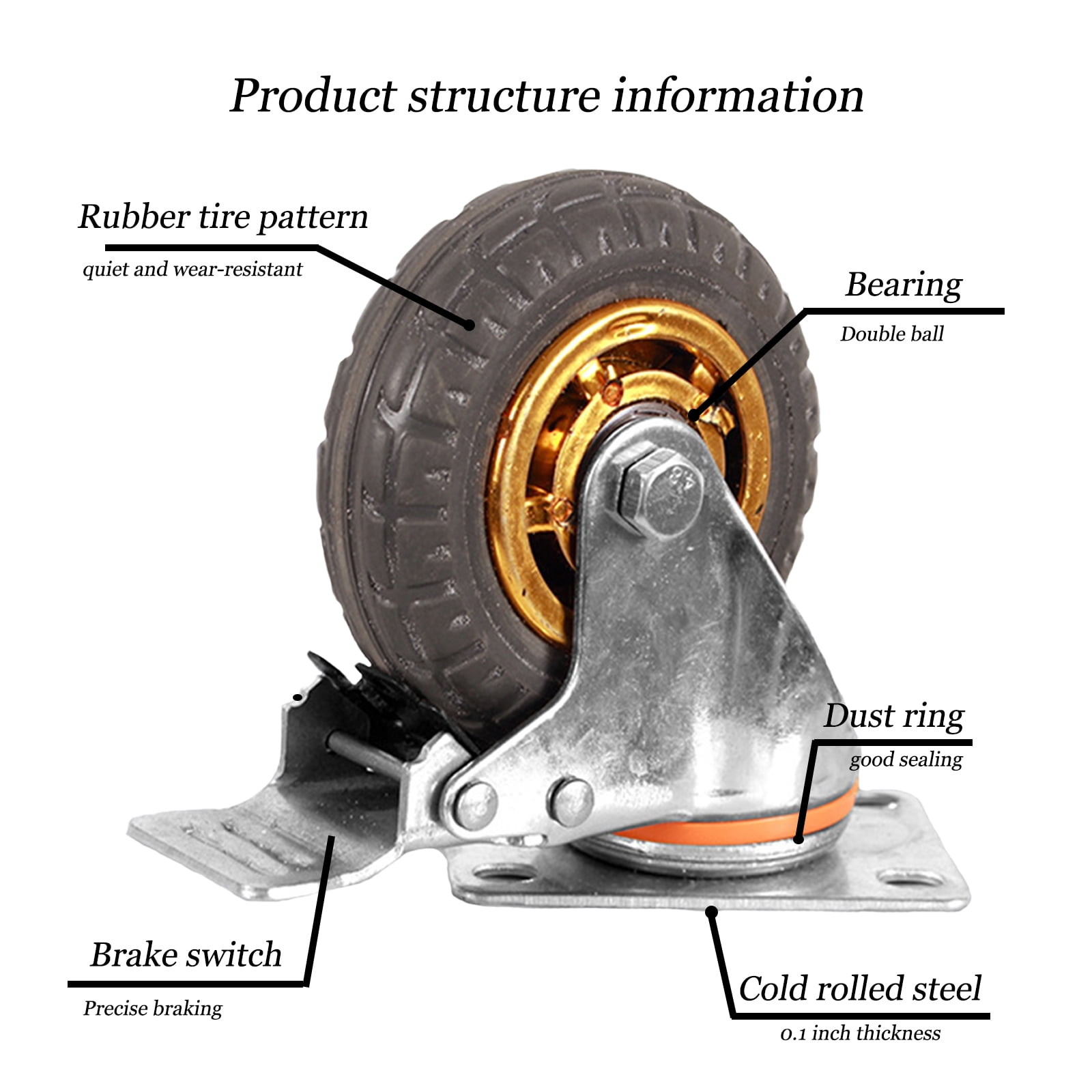 Ycvsad 5 inch Caster Wheels Heavy Duty casters Set of 4,Rubber Swivel Caster Quiet Anti-Skid with Brake 360 Degree Double Ball Bearing Castors(2PCS Fixed Caster Wheels 2PCS Swivel Casters with Brake) - Image 6