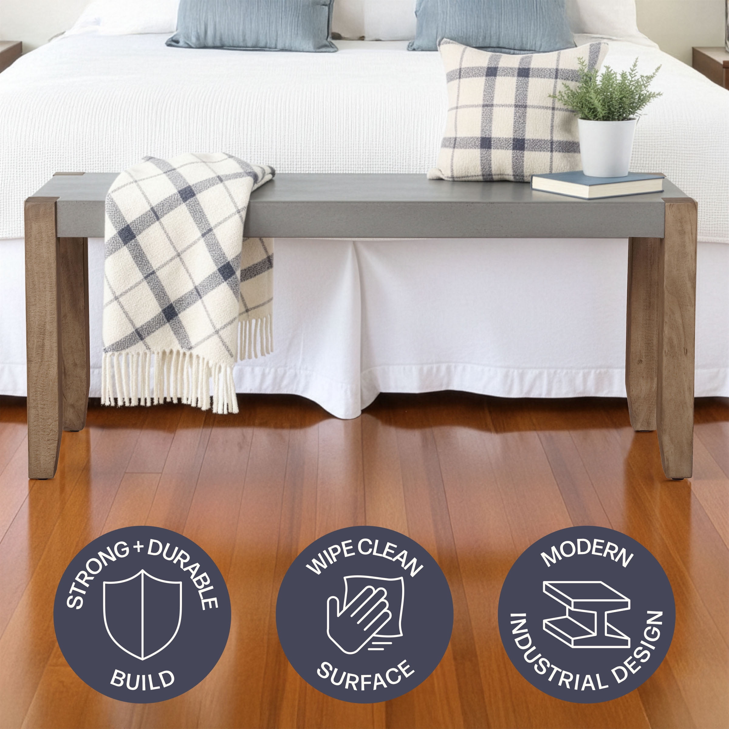 Alaterre Furniture Newport Bench with Faux Concrete Seat and Wood Legs - 40 Inch Entryway Bench with Rustic Industrial Design - Benches for Bedroom, Living Room, Dining Room, and Mudroom - Image 8