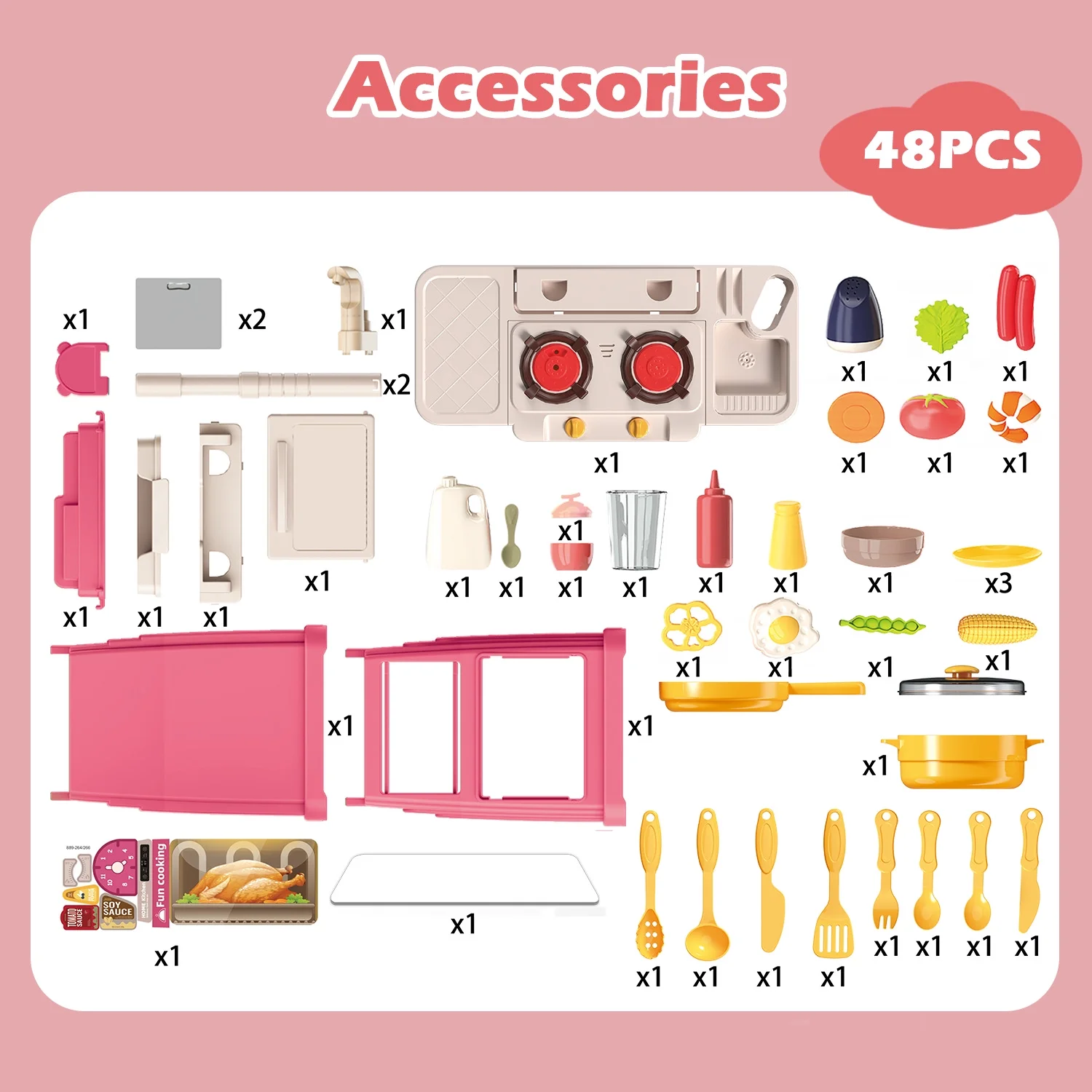 Zacro Play Kitchen Set for Kids, 48Pcs Kids Play Kitchen Toys with Realistic Lights & Sounds, Simulation of Play Sink, Toy Kitchen Set for Toddlers Girls Boys Gift, Pink - Image 3