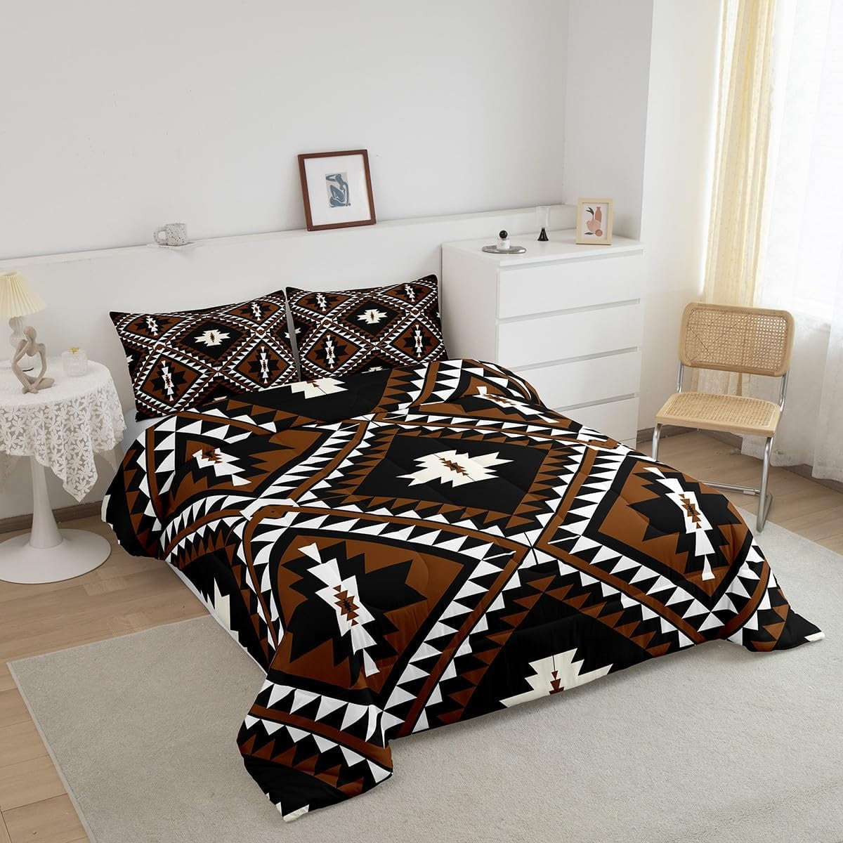 Rustic Western Twin Size Comforter Set For Men,Southwestern Aztec Bedding Set Bohemian Quilt Comforter Ethnic Mexican Geometric Diamond Duvet Insert Brown Black White Farmhouse Room Decor 2 Pcs - Image 6
