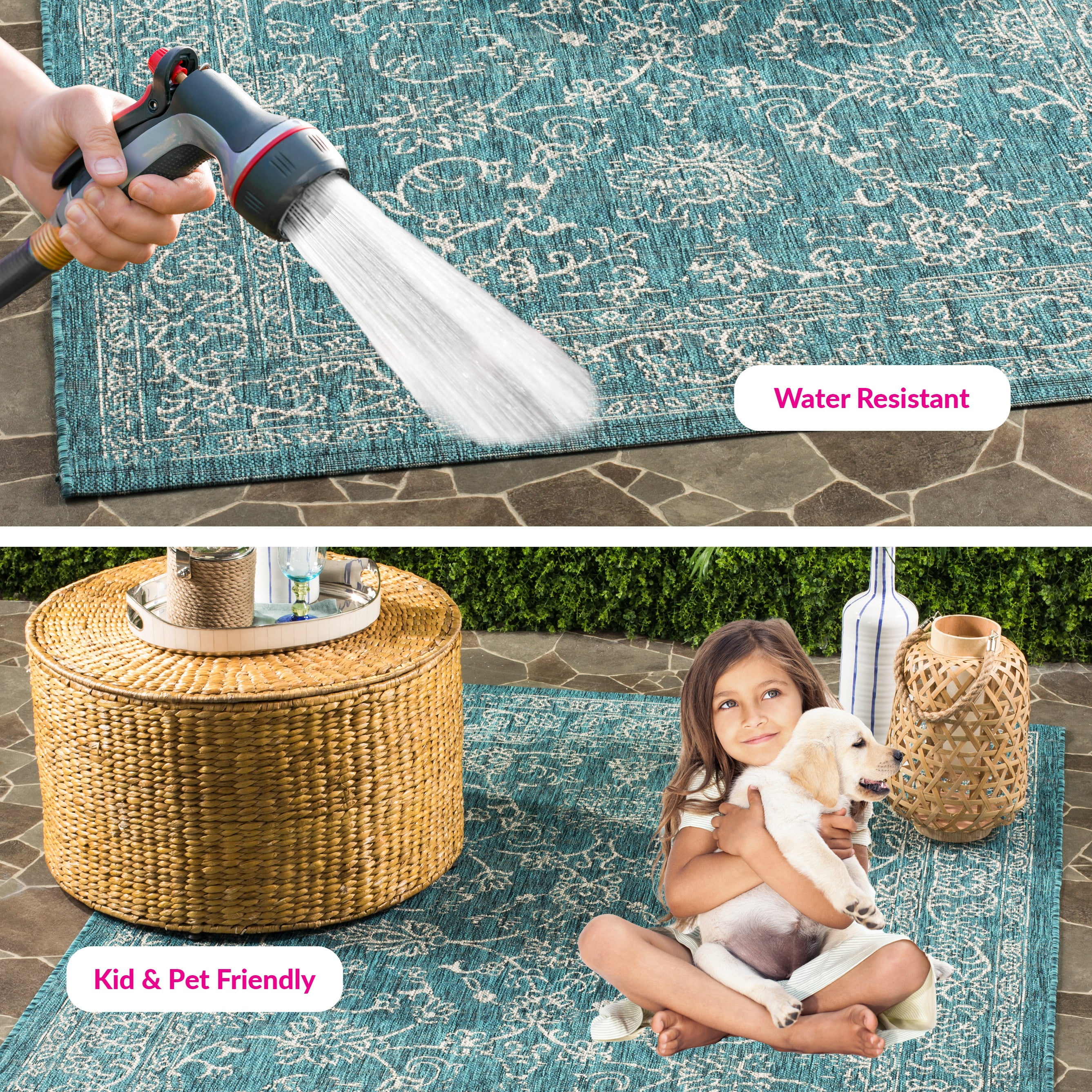 SAFAVIEH Courtyard Darin Botanical Indoor/Outdoor Area Rug, Turquoise, 6'7" x 9'6" - Image 6