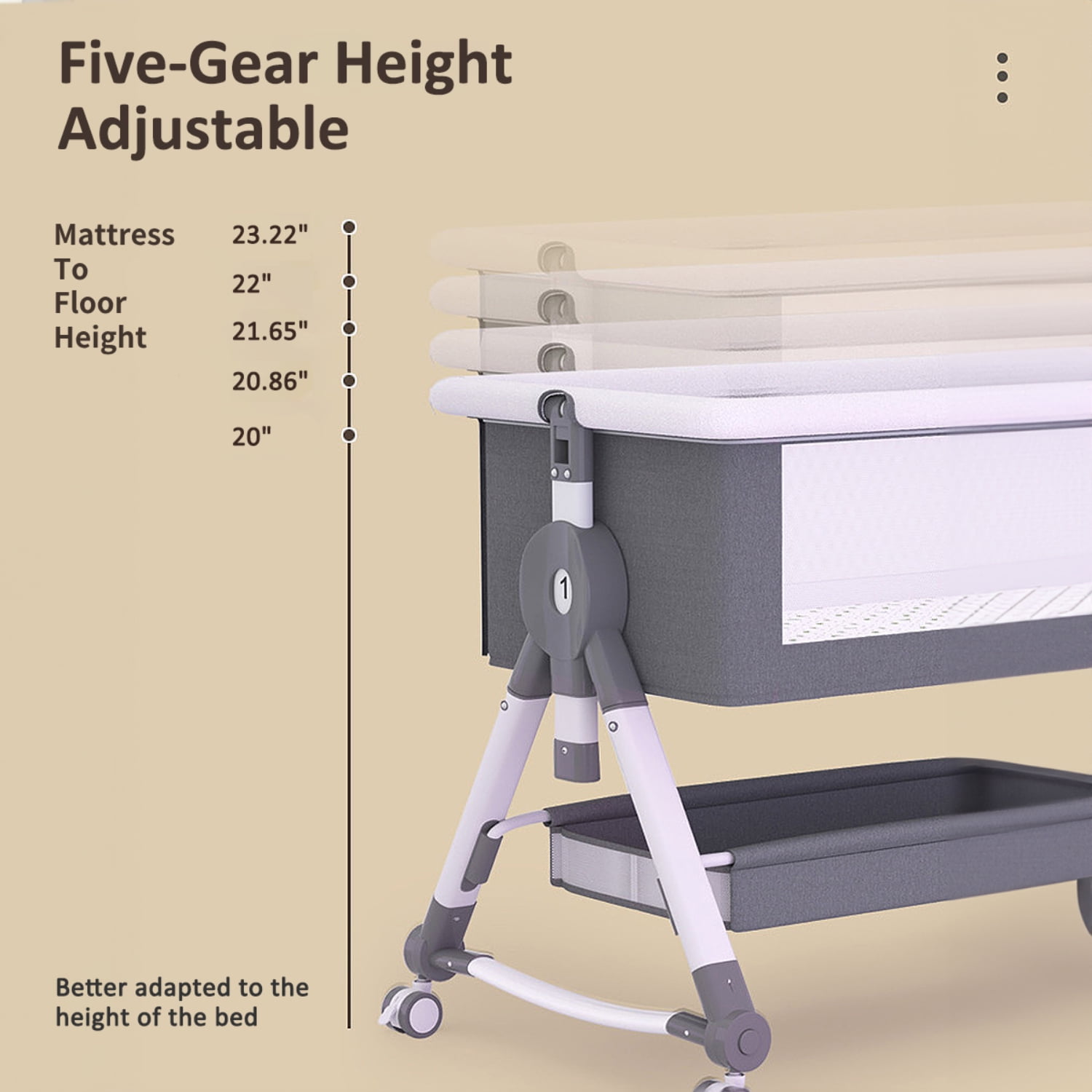 BEJOLO 5-in-1 Baby Bassinet, Adjustable Height Infant Bedside Crib with Diaper Table, 0-24 Months, Gray - Image 7