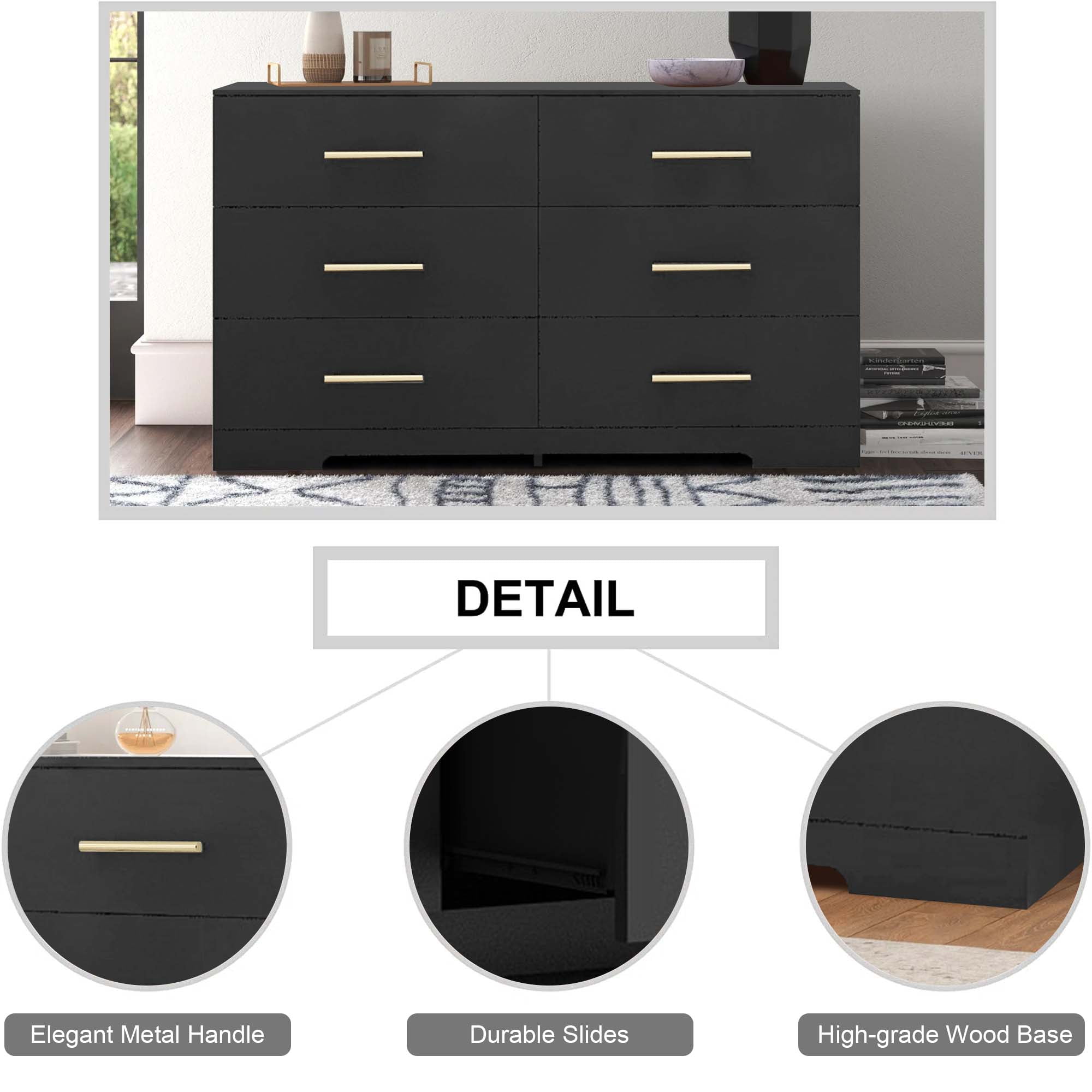 Aukfa Modern 6-Drawer Dresser Chest of Drawers Storage Cabinet for Bedroom Living Room, Black - Image 6
