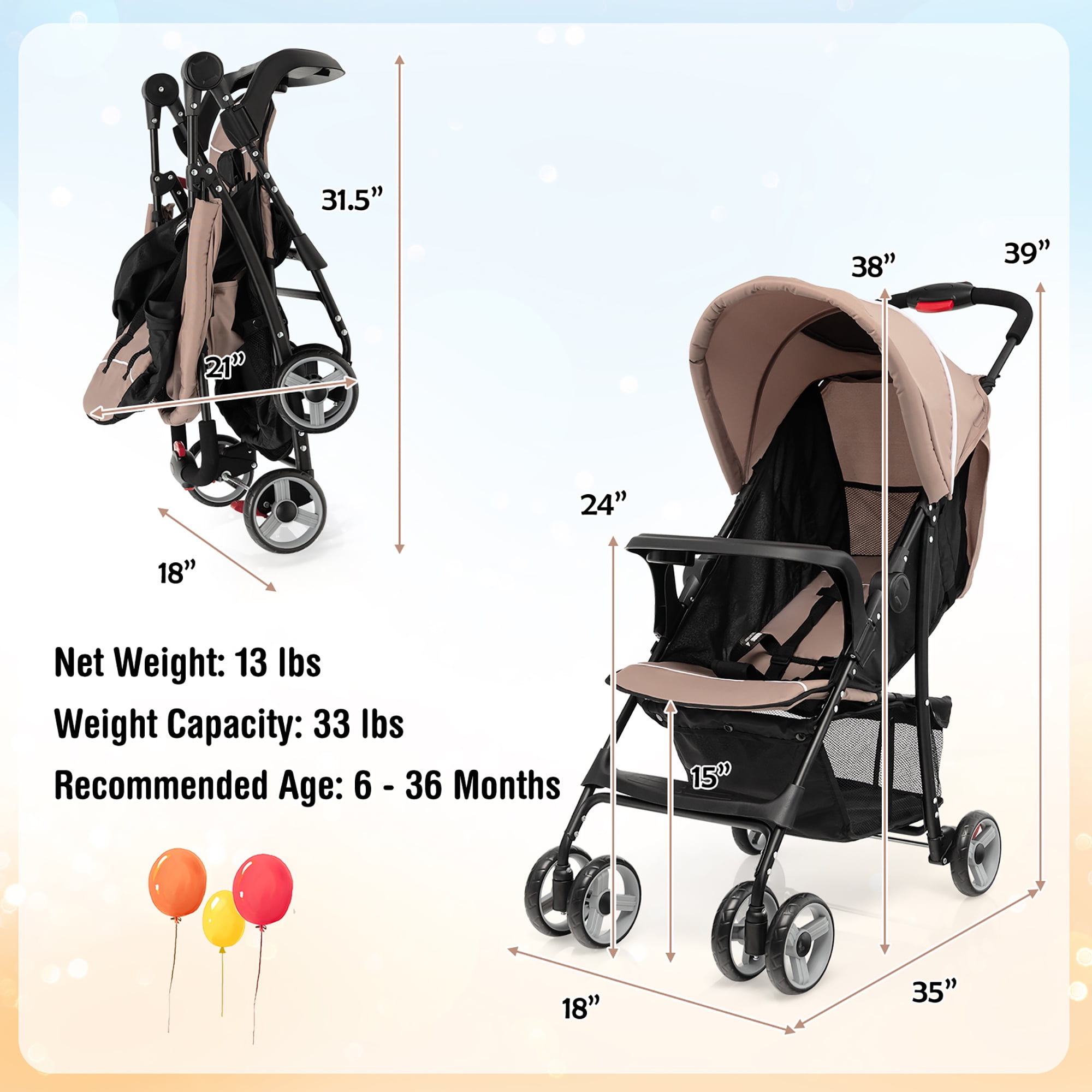 Costway Foldable Lightweight Baby Stroller Travel Pushchair 0-36 Months Age Group 13 lbs Coffee - Image 7