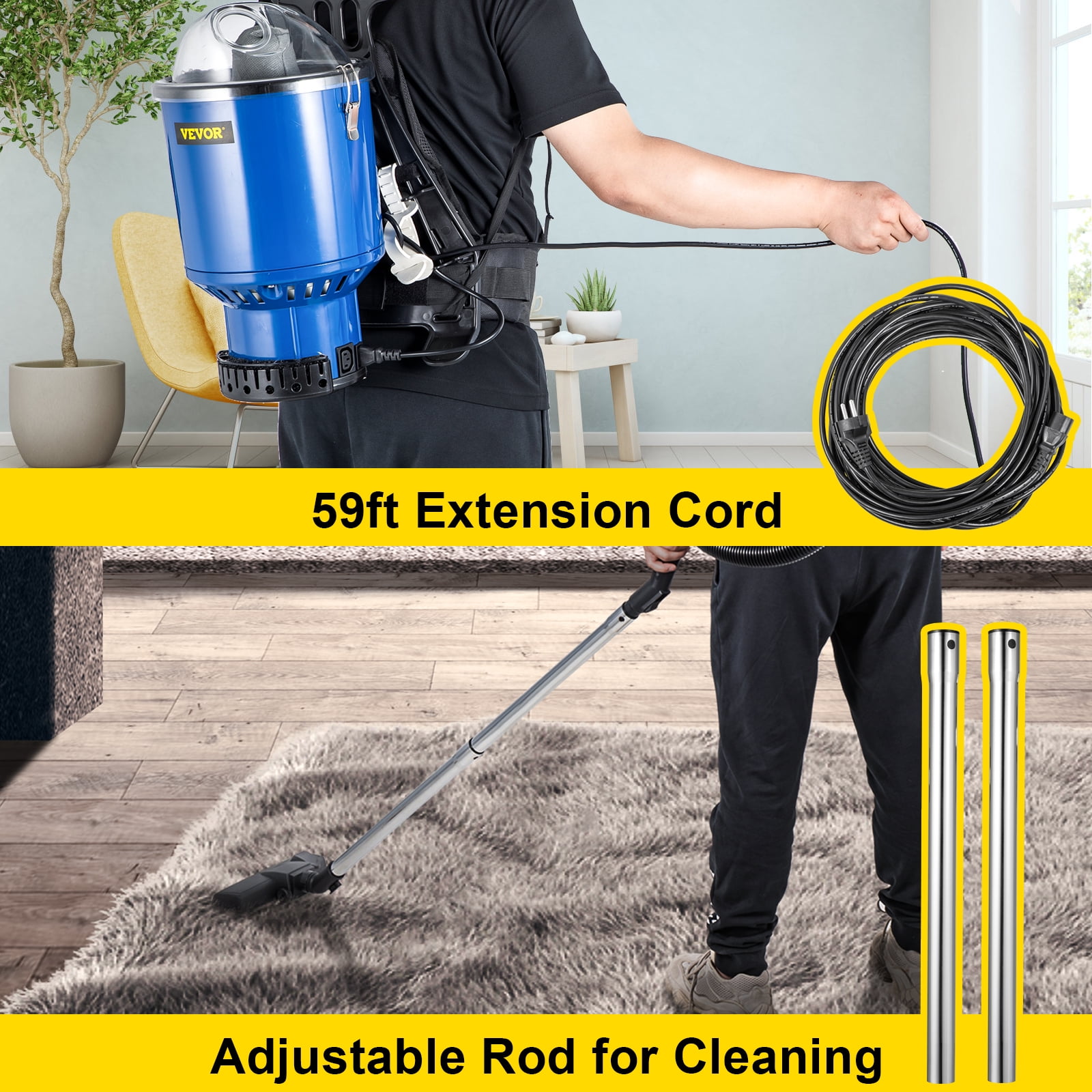 VEVORbrand Commercial Vacuum Cleaner, 5 in 1 HEPA Backpack Vacuum Cleaners, 3.6qt Lightweight Filtration Backpack Vacuum, Commercial Industrial Backpack Vacuum with Telescoping Wand, Tool Kit, Corded - Image 3