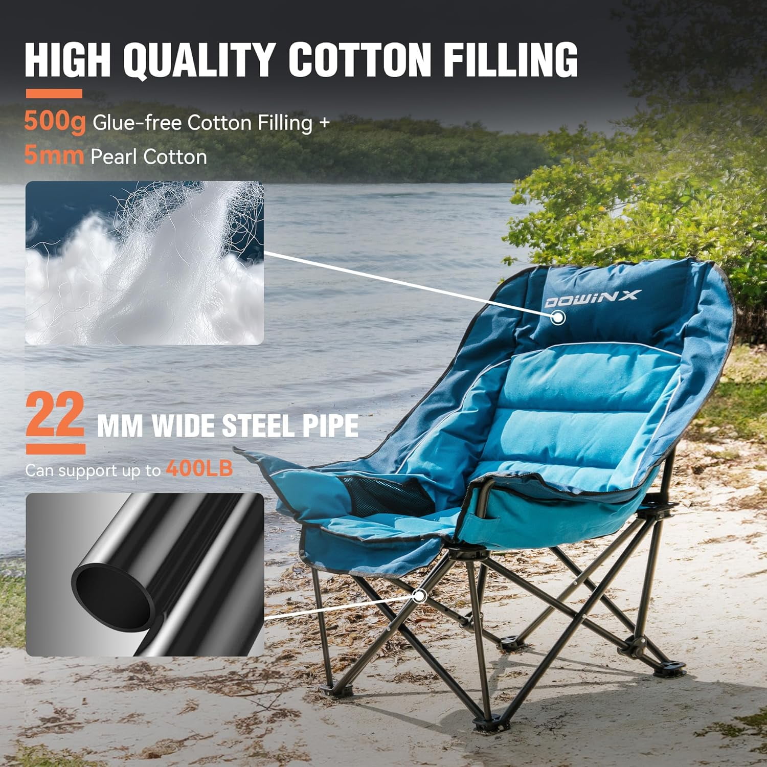 Dowinx Oversized Extra Large Camping Chair, Lawn Chairs, Folding, 3 Levels Adjustable Padded Camping Chair for Adults, Heavy-Duty 600D Oxford Cloth, with Cup Holder, 400 Pound Capacity, Green - Image 3