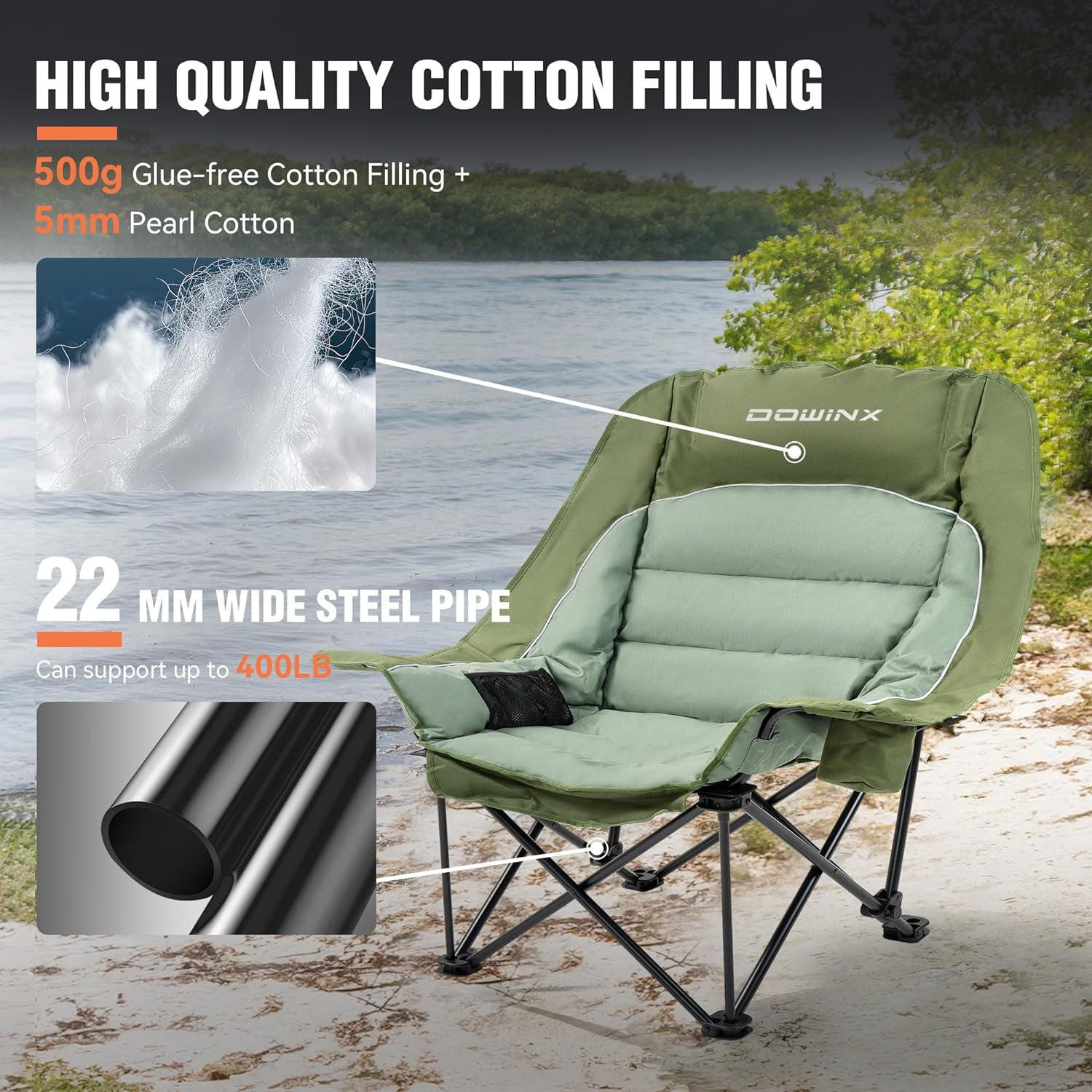 Dowinx Oversized Extra Large Camping Chair, Lawn Chairs, Folding, 3 Levels Adjustable Padded Camping Chair for Adults, Heavy-Duty 600D Oxford Cloth, with Cup Holder, 400 Pound Capacity, Green - Image 7