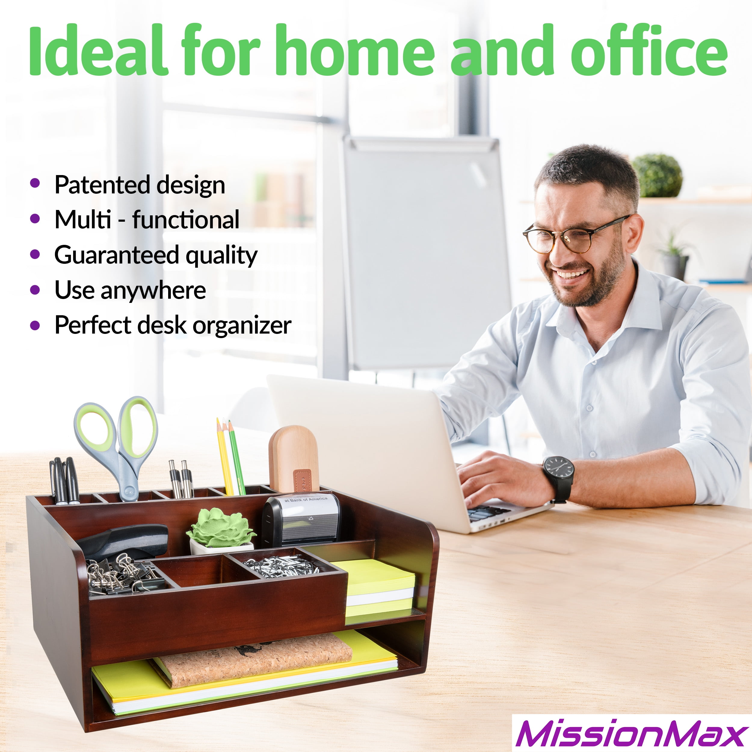 MissionMax Brown Desk Organizer with File Tray and Compartments for Stationary Supplies - Image 6