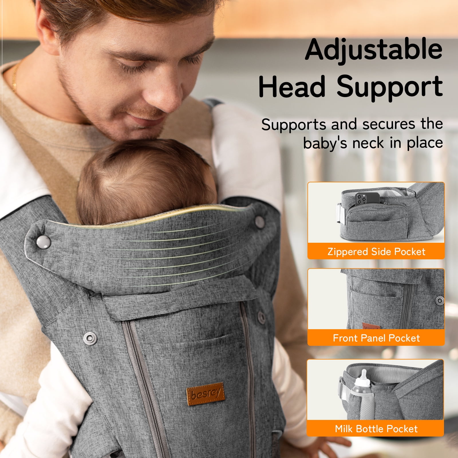 Besrey Baby Carrier with Hip Seat Newborn to Toddler, 7-45lb,Baby Body Holder Chest with Back Support,Gray - Image 10