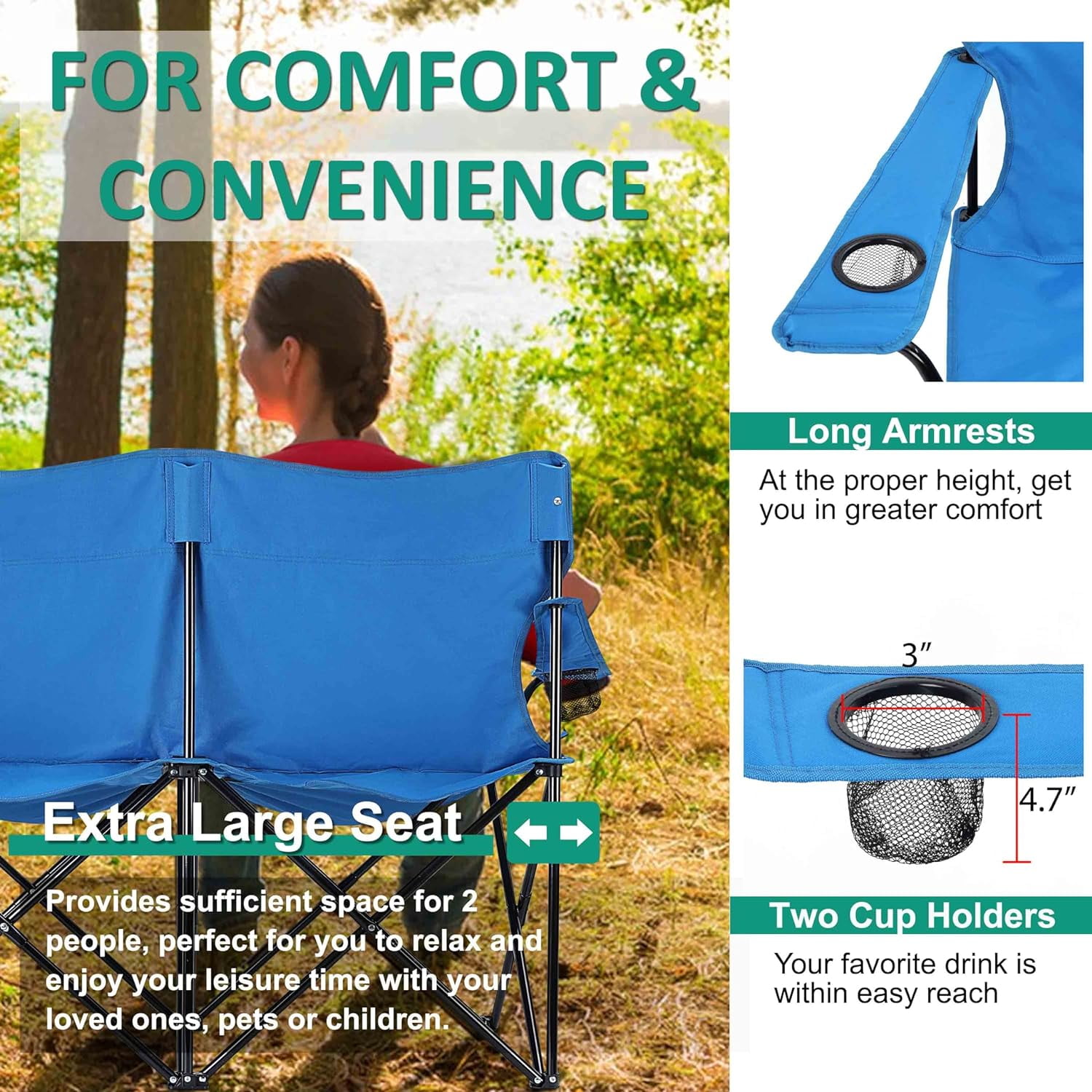 Double Camping Chair, Outdoor Folding Loveseat Chair Supports 500 LBS, Portable Oversized Lawn Chair with Cup Holders for Backpacking Hiking Picnic, Sturdy Steel Frame & 600D Oxford Fabric - Image 5