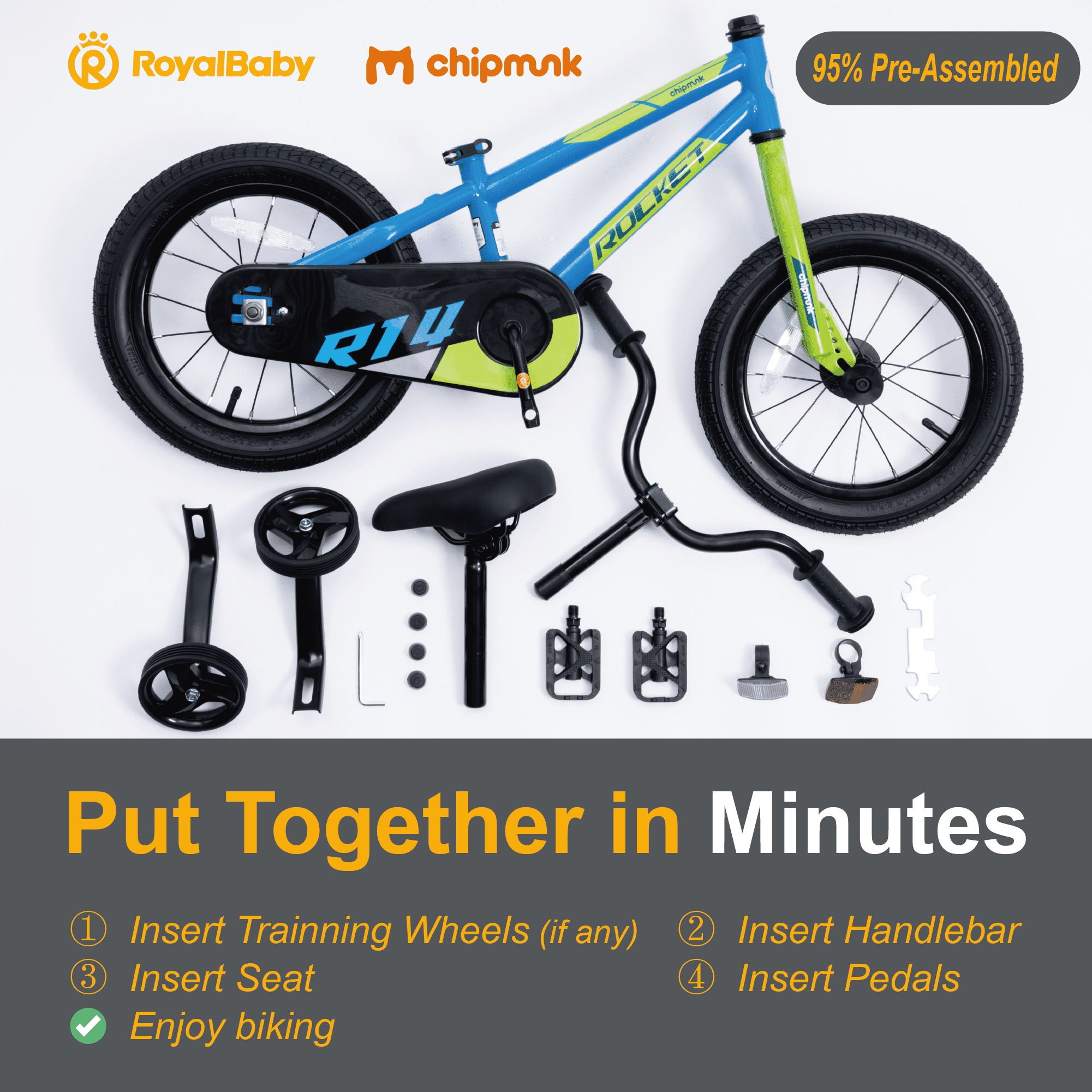 RoyalBaby Rocket 16 inch Bicycle with Training Wheels for Toddlers, Unisex, Ages 5-8 Years, Blue - Image 8