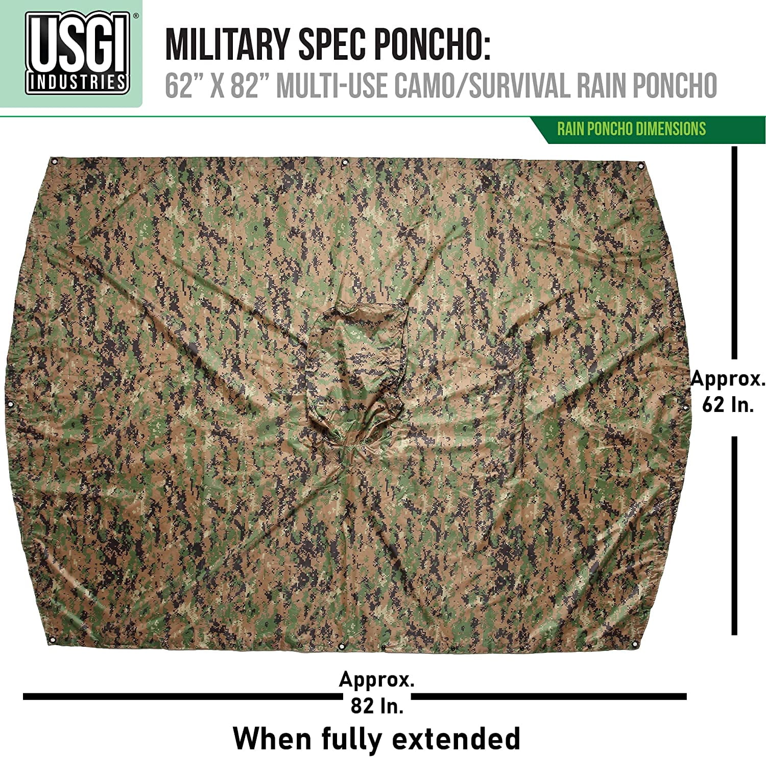 USGI Industries Military Style Poncho - Emergency Tent, Shelter, Survival - Multi Use Rip Stop Camouflage Rain Poncho - Image 5
