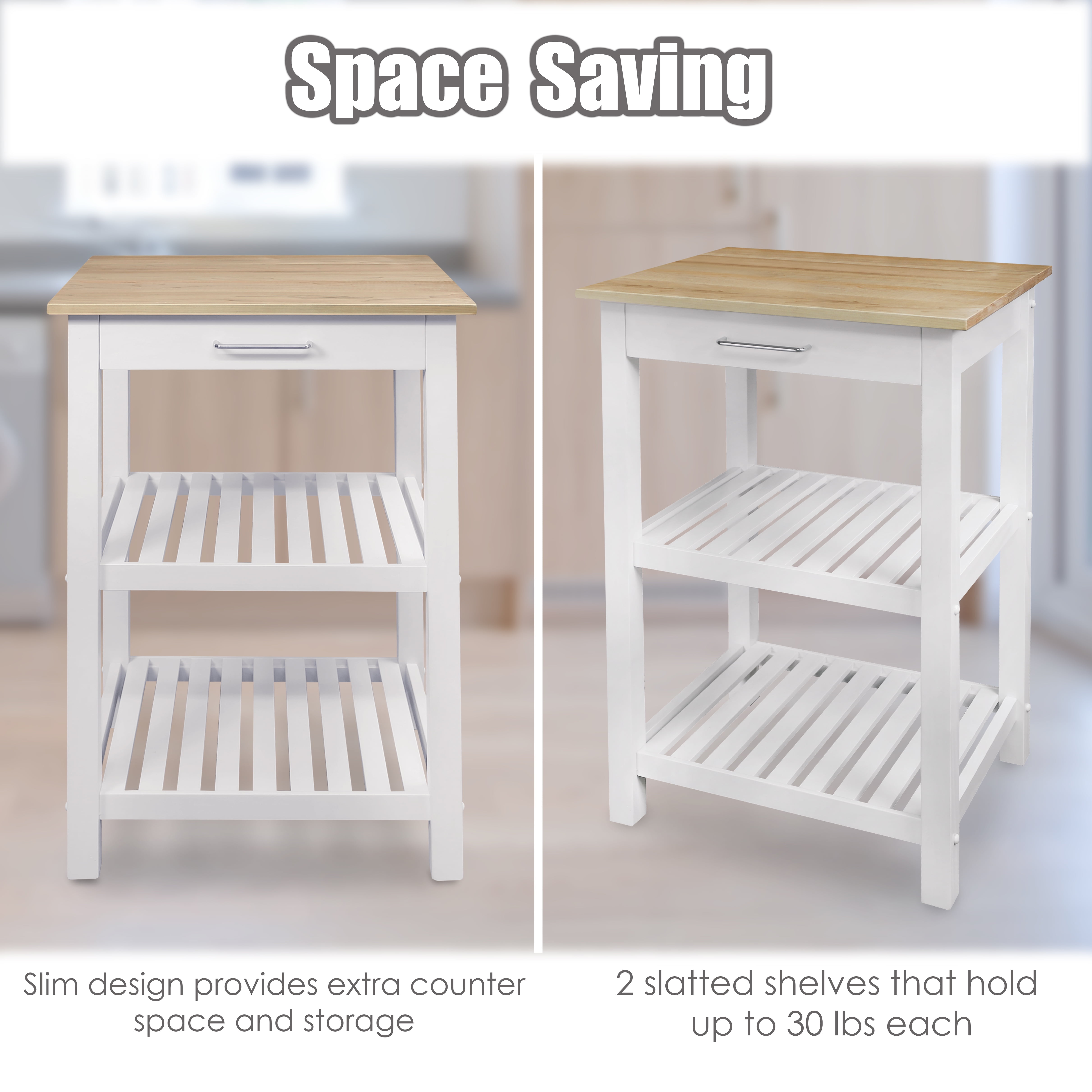 Casual Home Solid Wood 22.75"W Kitchen Island with Drawer, Two Shelves, and Towel Racks, American Maple Top, Two-Tone Finish (Natural White) - Image 2