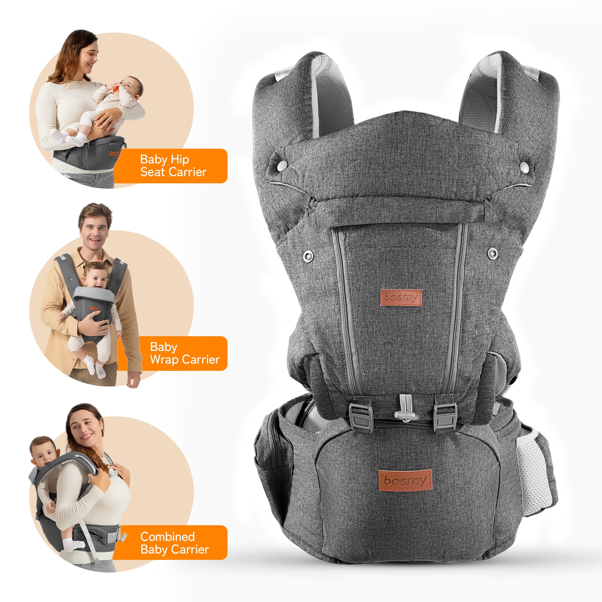 Besrey Baby Carrier with Hip Seat Newborn to Toddler, 7-45lb,Baby Body Holder Chest with Back Support,Gray - Image 5
