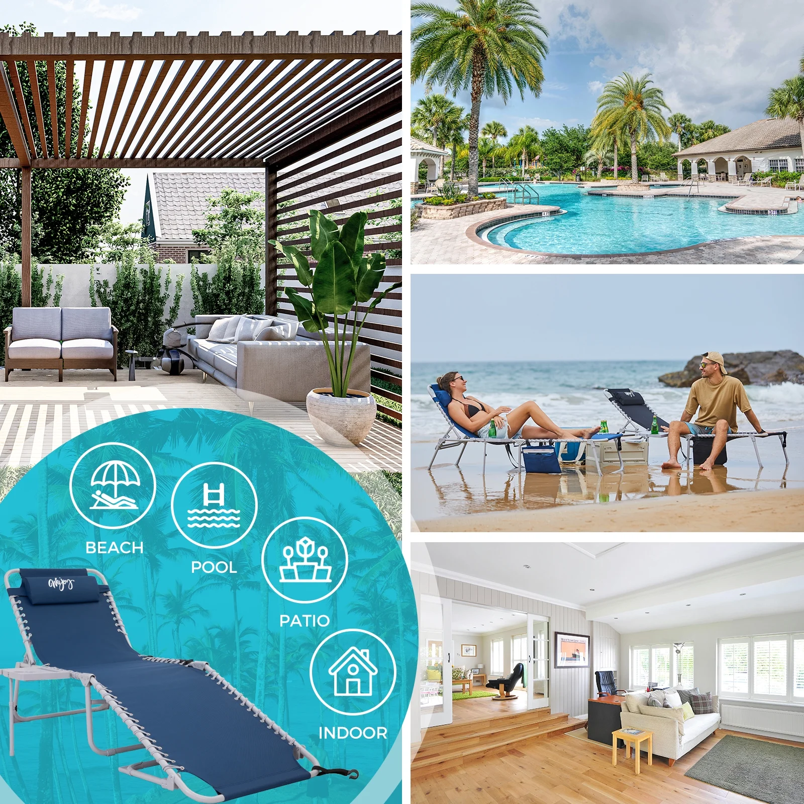 #WEJOY Folding Chaise Lounge, Portable Tanning Chair, 5-Positions Adjustable Beach Chair with Side Table & Pillow & Detachable Pocket, Max Load 264 lbs - Image 9