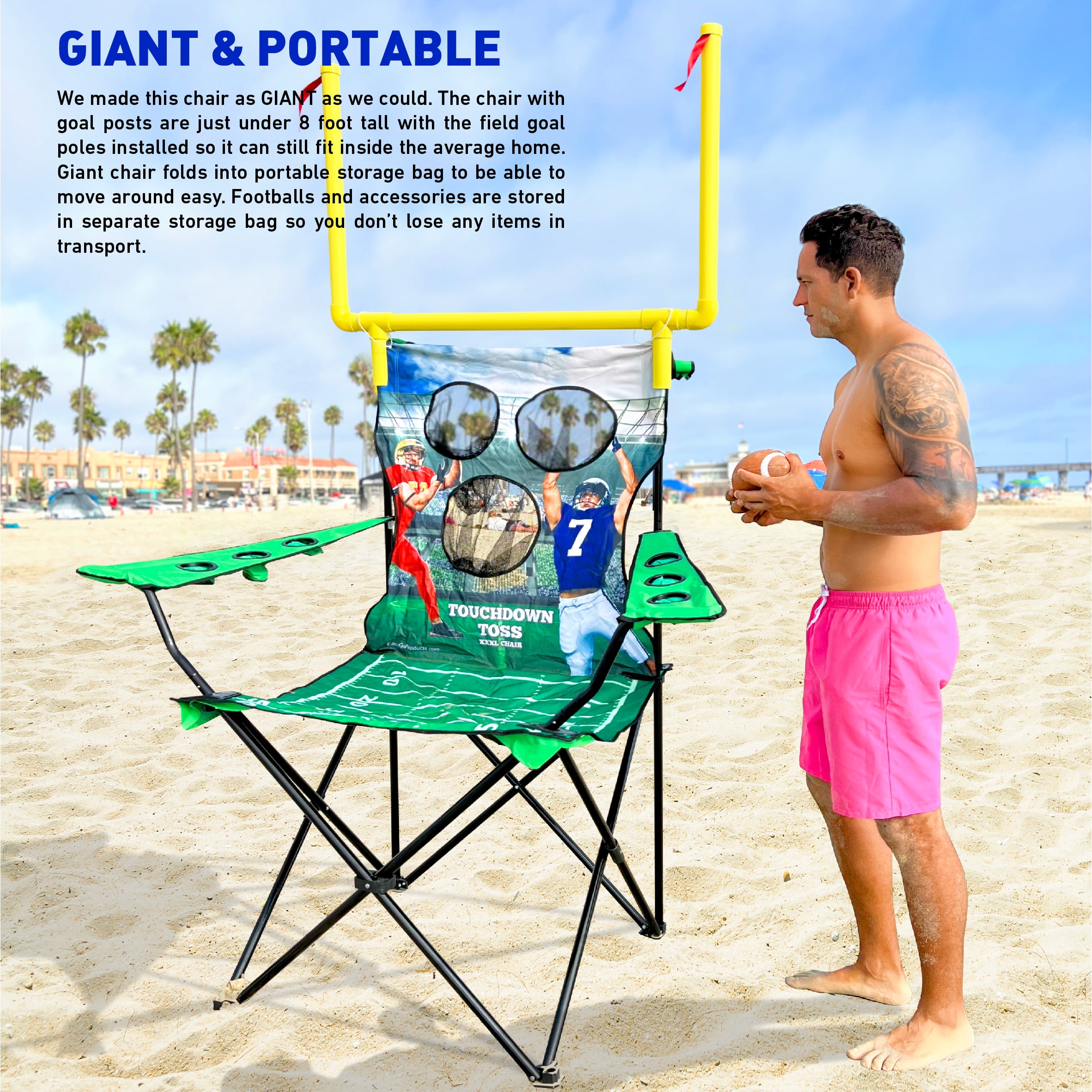 XXL Giant Football Toss Game & Tailgating Chair Combo - 8’ Tall - Outdoor Football Game for 2-4 people – Includes Footballs, Air Pump, Kicking Tee & Storage Bag – Tailgating, Backyard, Beach & Parks - Image 6