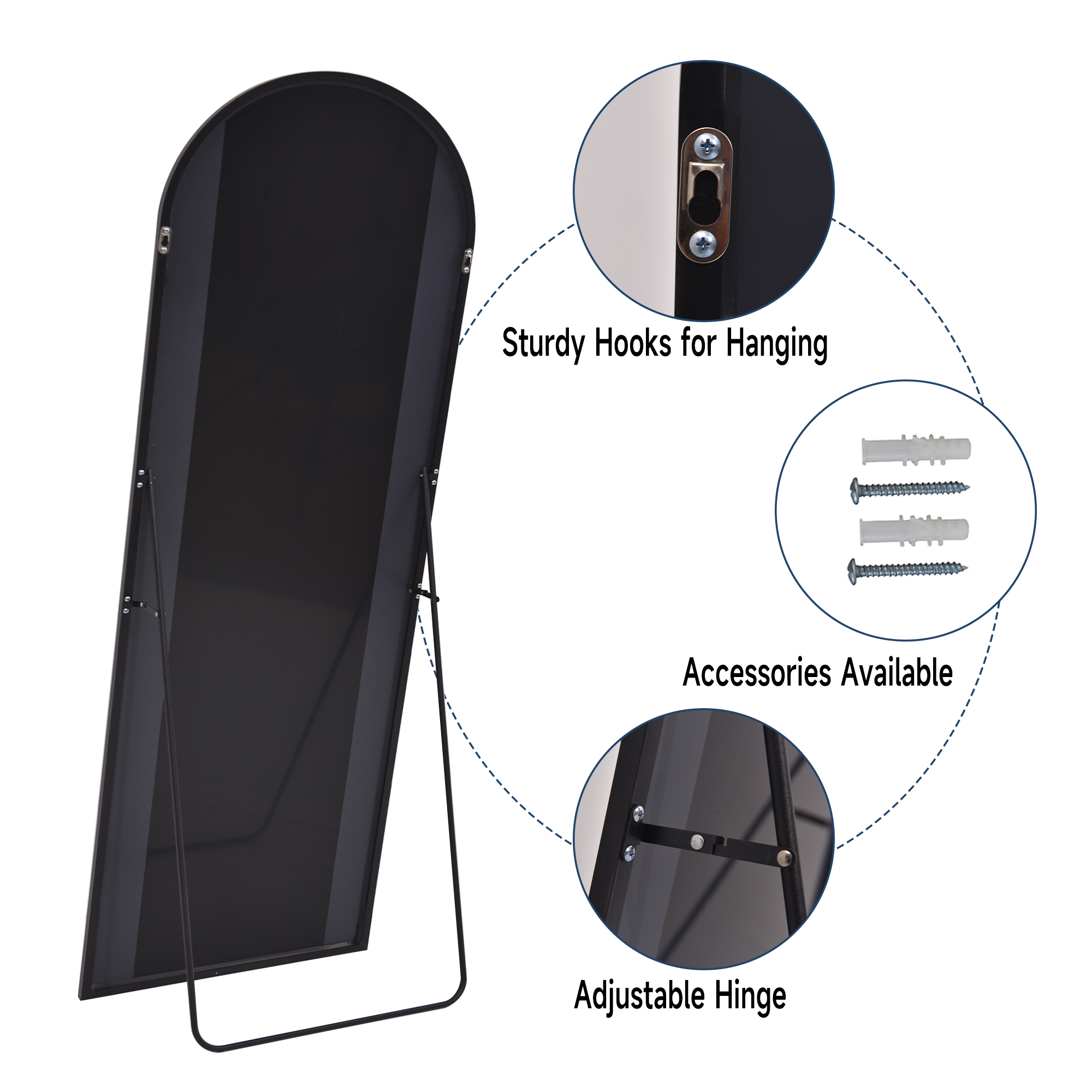 Anyrose 24"x65" Full Length Mirror with Arch-Top Standing Mirror Wall Mounted, Black - Image 4