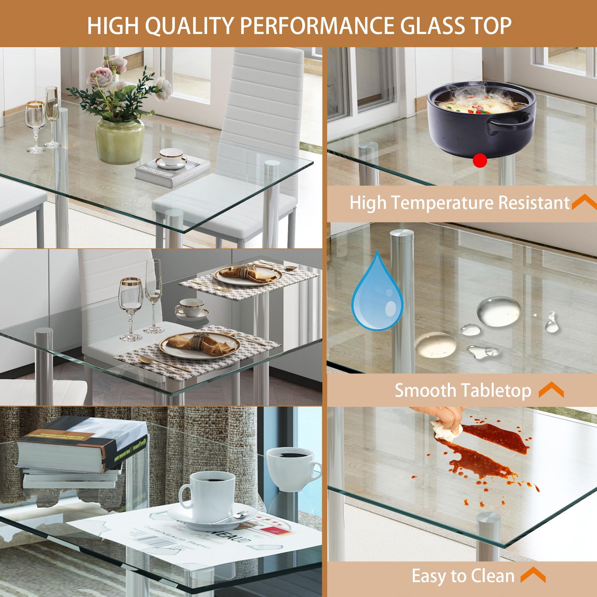 uhomepro White Kitchen Table Set, 5 Pieces Dining Table Set, Tempered Glass Dining Table and Chairs Set for 4, Upgraded Iron Dining Room Table Set with 4 PU Leather Chairs - Image 3