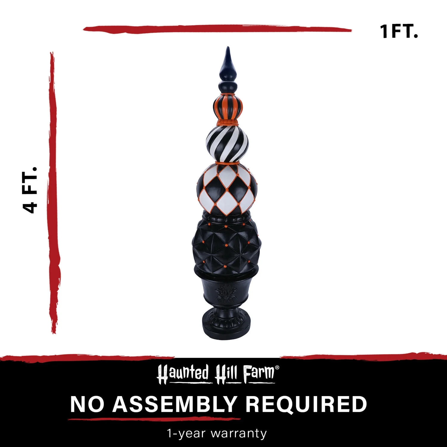 Haunted Hill Farm 4 ft Resin Ball and Finial Topiary in a Black Pedestal Urn Indoor/Outdoor Halloween Decoration, Harlequin and Stripe, HHRS050-0FIN-MLT - Image 3