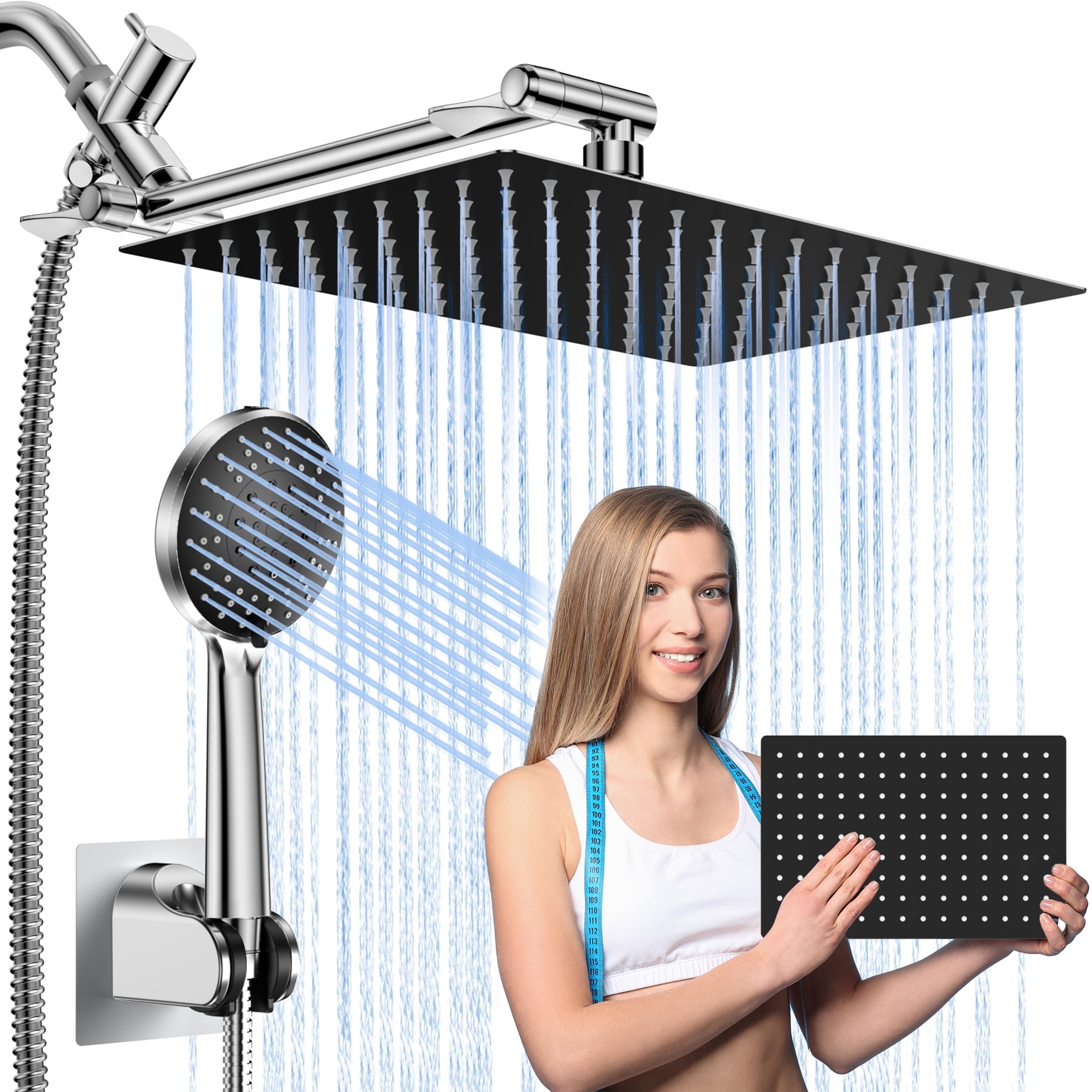 WYRAVIO 12 inch Shower Head Combo, High Pressure Handheld Shower Head with 5 Spray Modes , Wide Shower Head with Hose, Adjustable Curved Shower Extension Arm, Drill-Free, Black