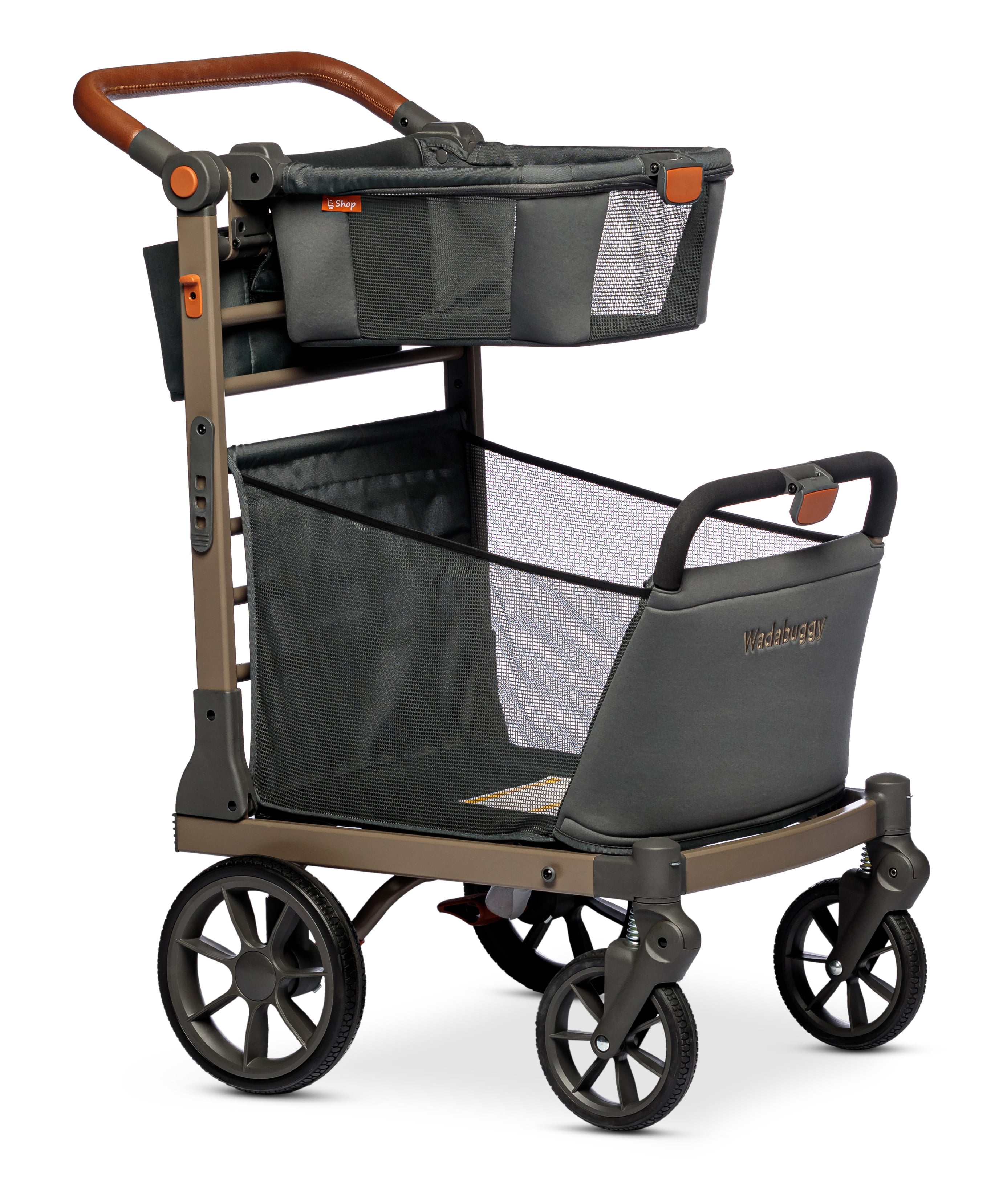 Wadabuggy Premium Shopping Cart, 2 Storage Baskets, Compact Fold, 2 Drink Holders, Zipper Pocket, Adult, Gray