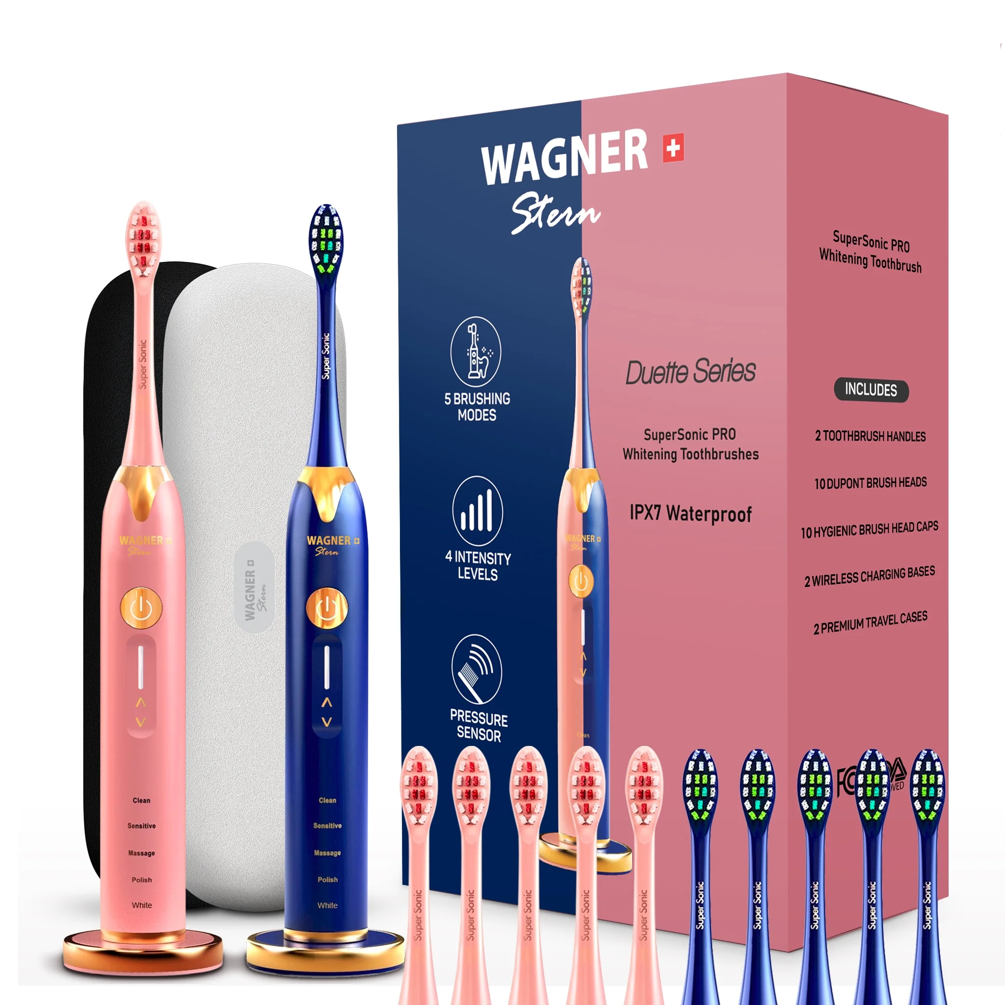 Wagner & Stern. Duette Series. 2 Electric toothbrushes with Pressure Sensor. 5 Brushing Modes and 4 Intensity Levels, 10 Dupont Bristles, 2 Premium Travel Cases. (Pink/Blue)
