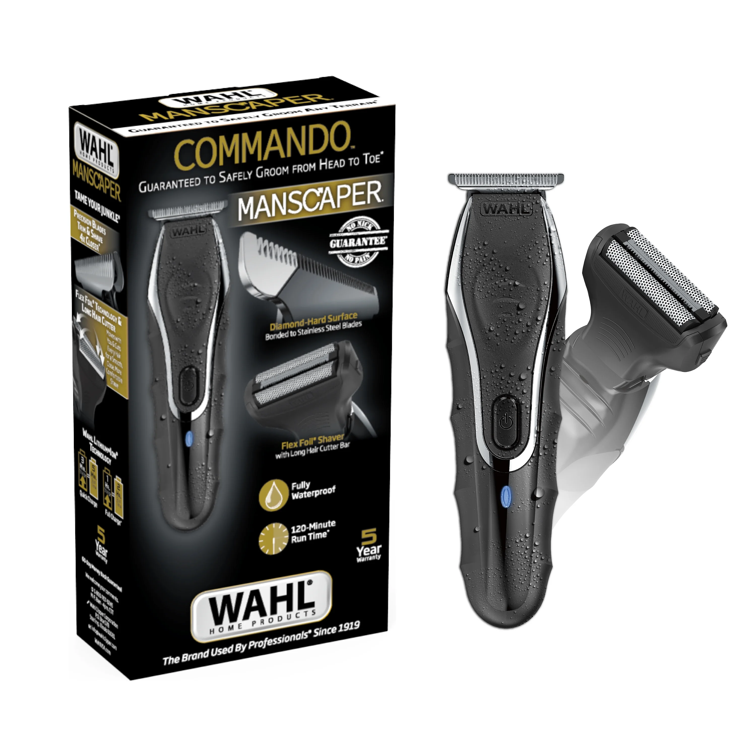 Wahl Commando Cordless Rechargeable Manscaper Wet/Dry Trimmer - Body Groomer for Men, Black 3024497