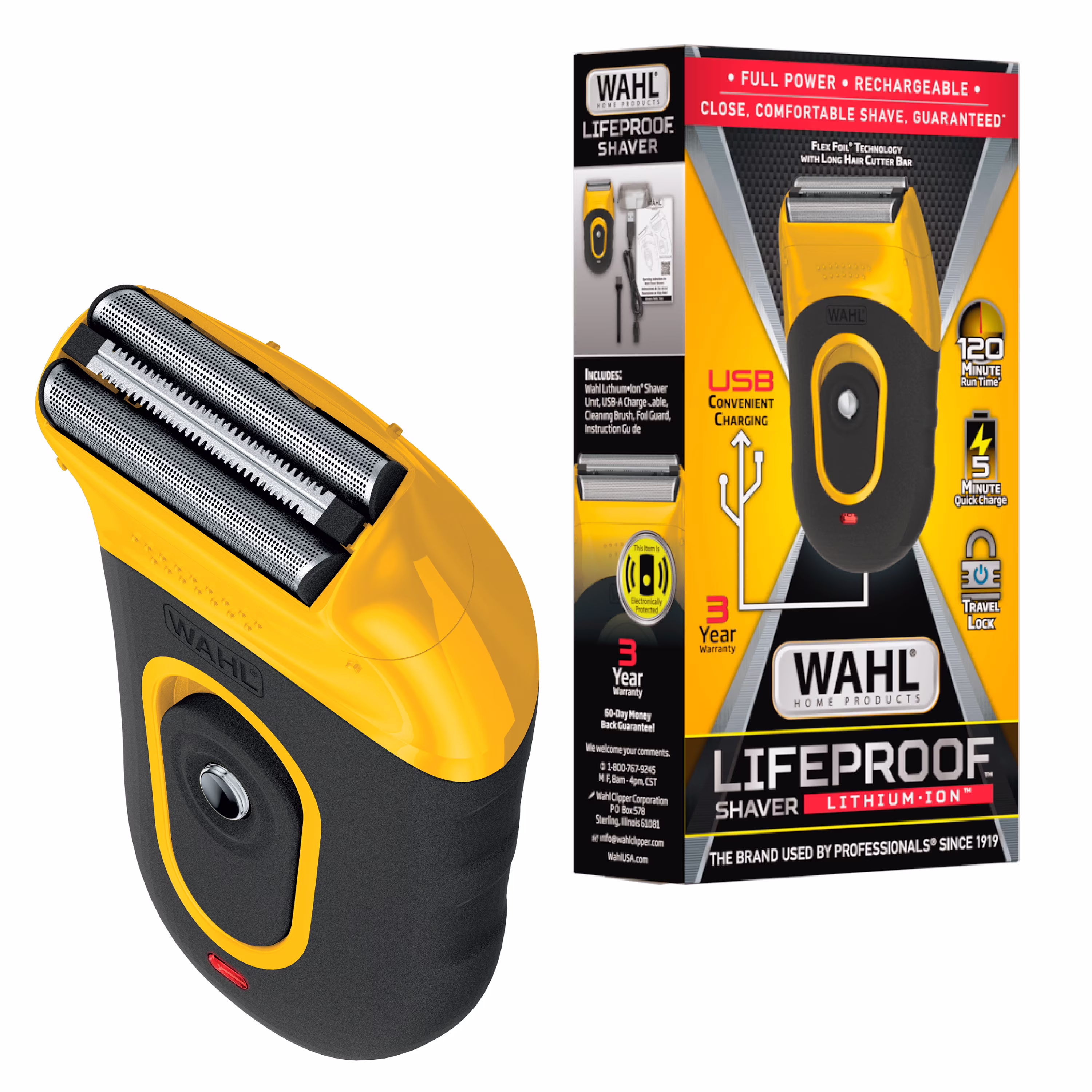 Wahl Life Proof Shaver, Rechargeable Lithium Ion, Compact Flex Foil Shaver & USB Convenience, Men, Yellow - 3023681