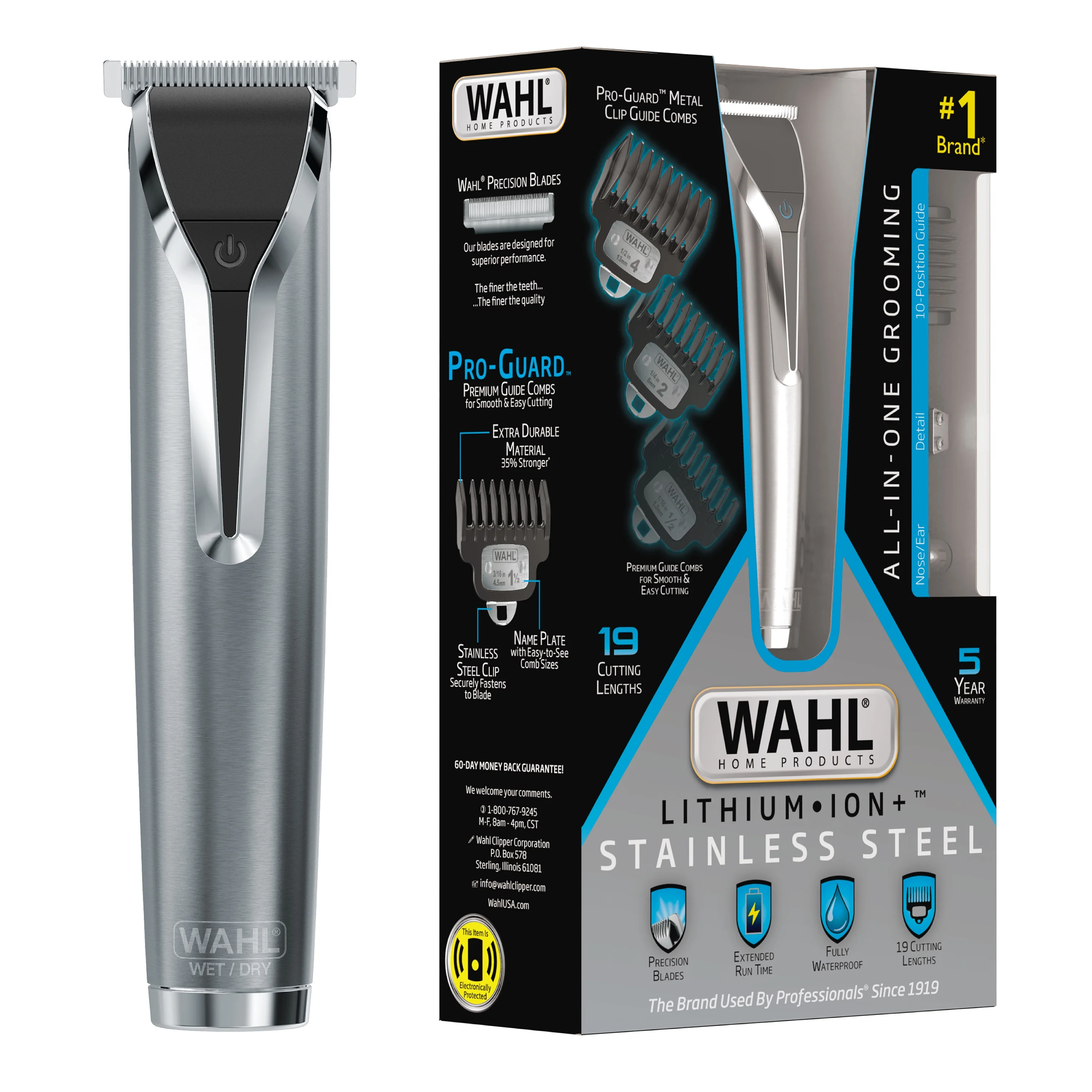 Wahl Lithium Ion Stainless Steel Men's Beard Trimmer, Removeable Blades, Interchangeable heads for Grooming Ear, Nose, Brow and Detail trimming. #9898