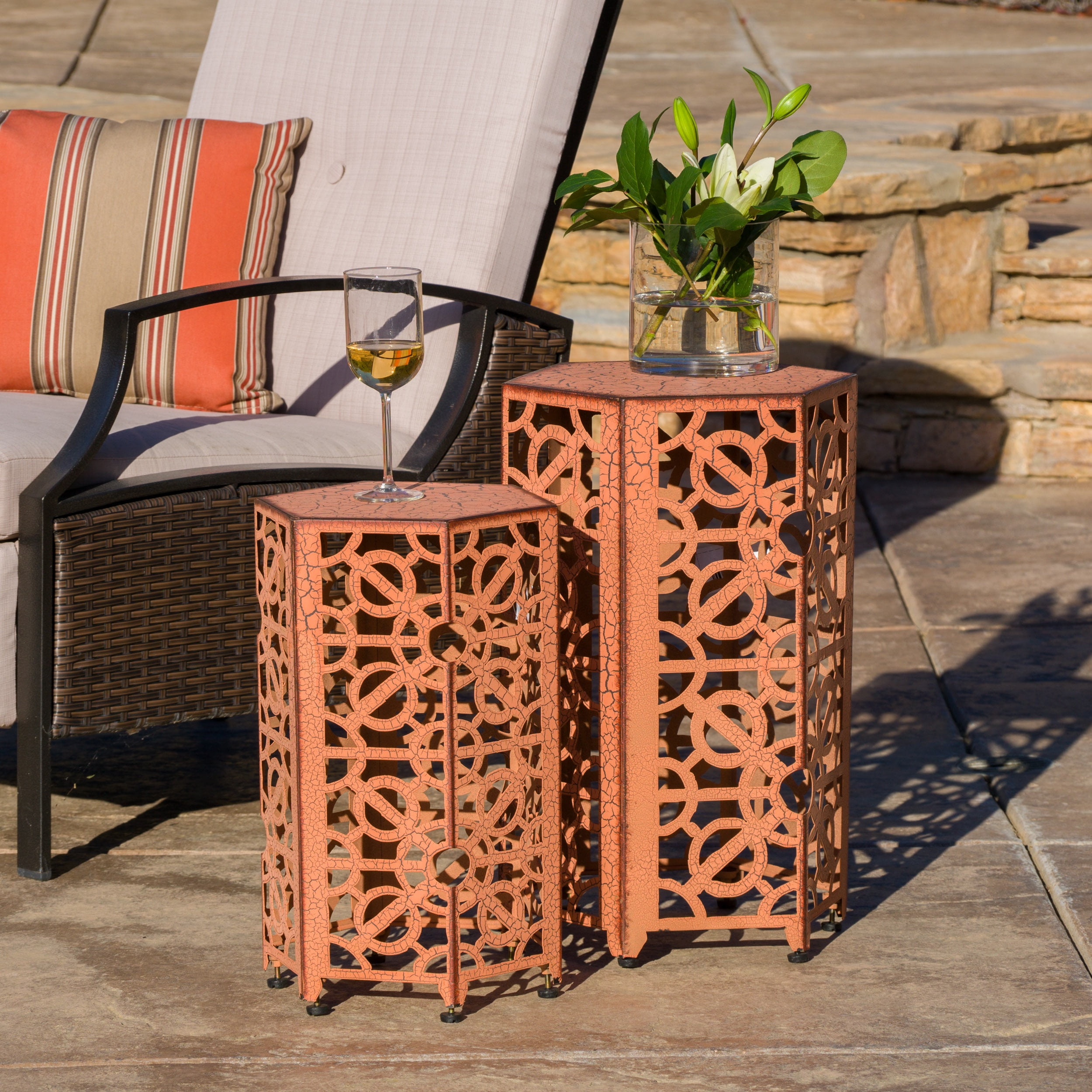 Wayne Outdoor Iron Accent Tables, Set of 2, Orange