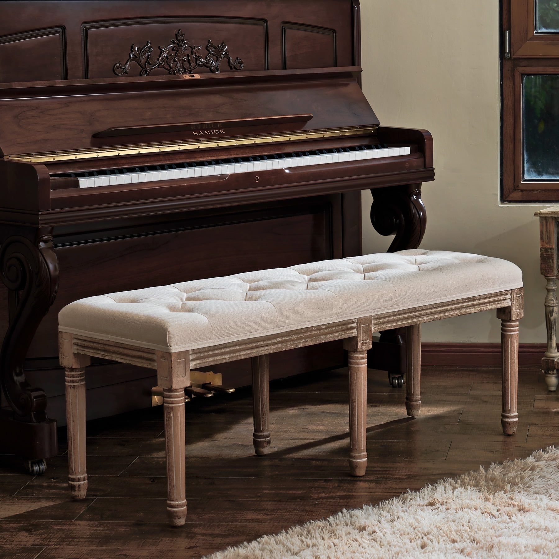 Wayshire 48" French Vintage Tufted Bench, Birch & Rubberwood, Beige