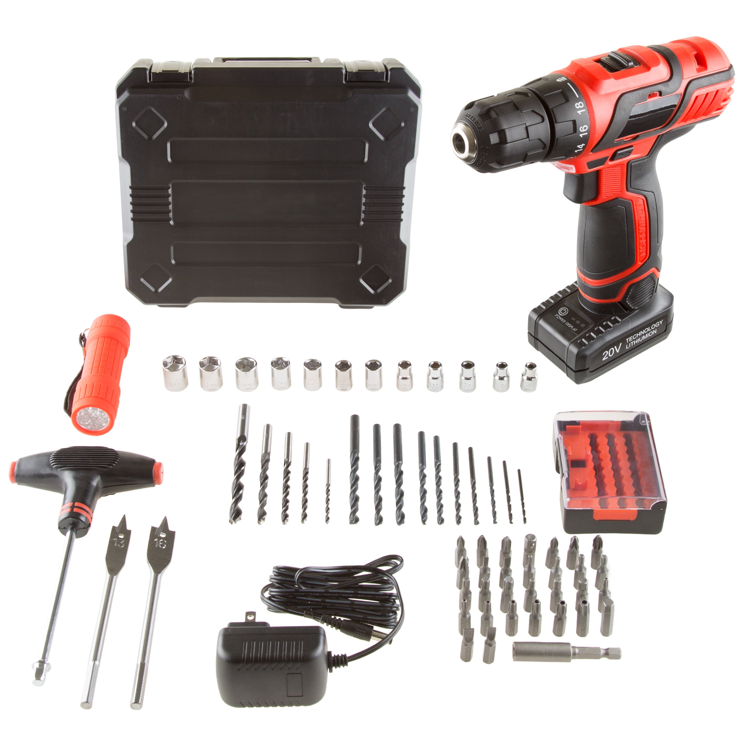 Stalwart 65PC Cordless Drill Set with Rechargeable Battery and Case, Red