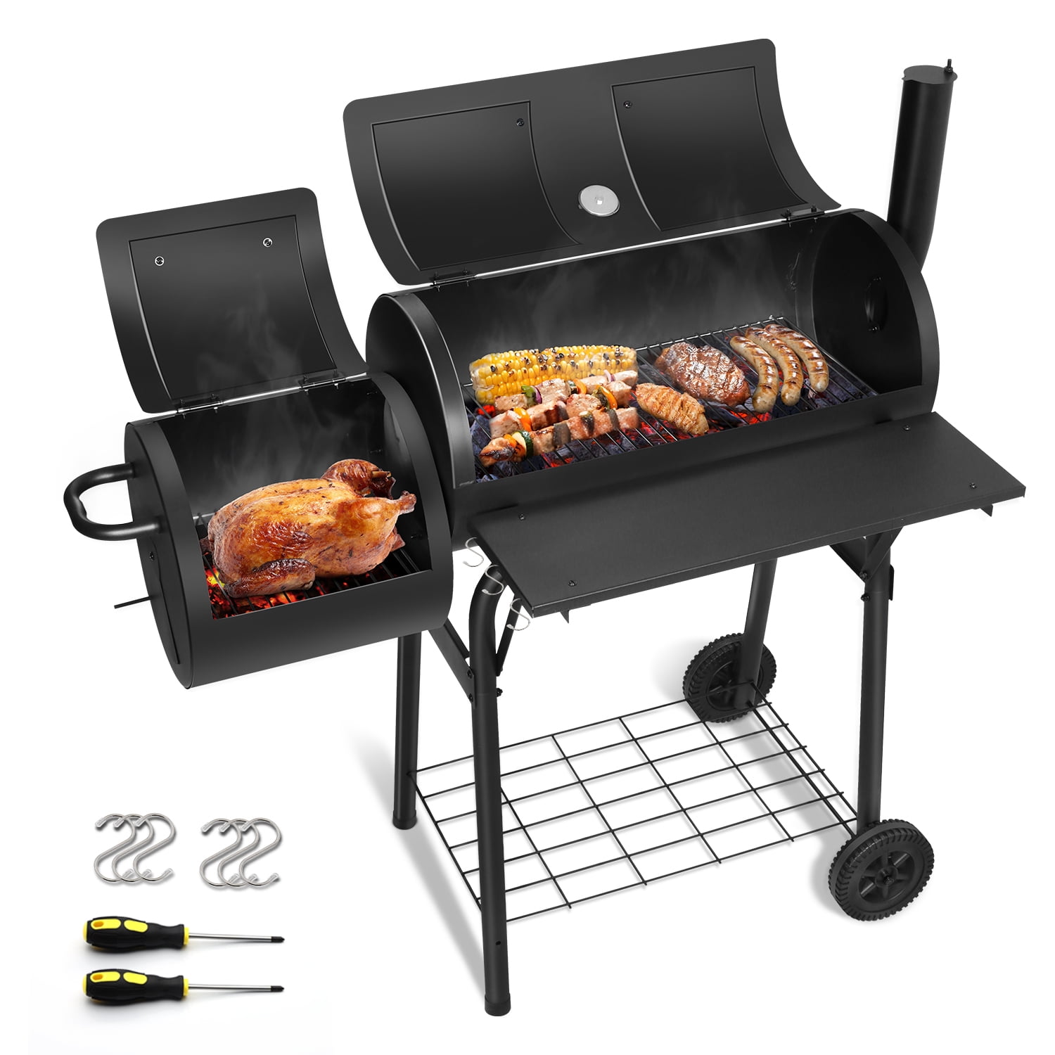 Walchoice Charcoal Grill with Offset Smoker, Barrel BBQ Grill with Wheels, Outdoor Barbecue Grill for Backyard Patio Beach Garden Party, 2 Screwdrivers & 6 Hooks, Black