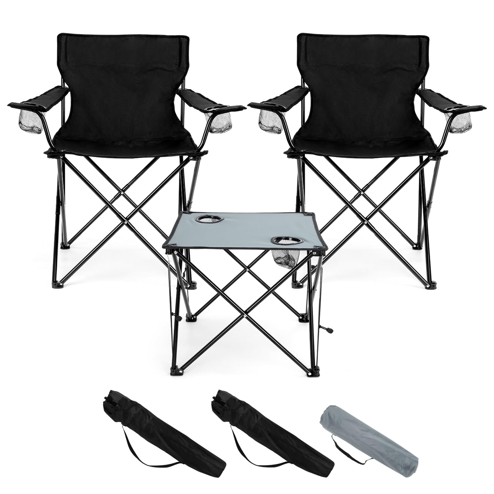 Walchoice Folding Camping Chair Set of 3, Oversized Lawn Chair for Adults, Portable Camp Chairs & Grey Table for Outdoor Fishing Hiking Beach Picnic, Carrying Bag, Black