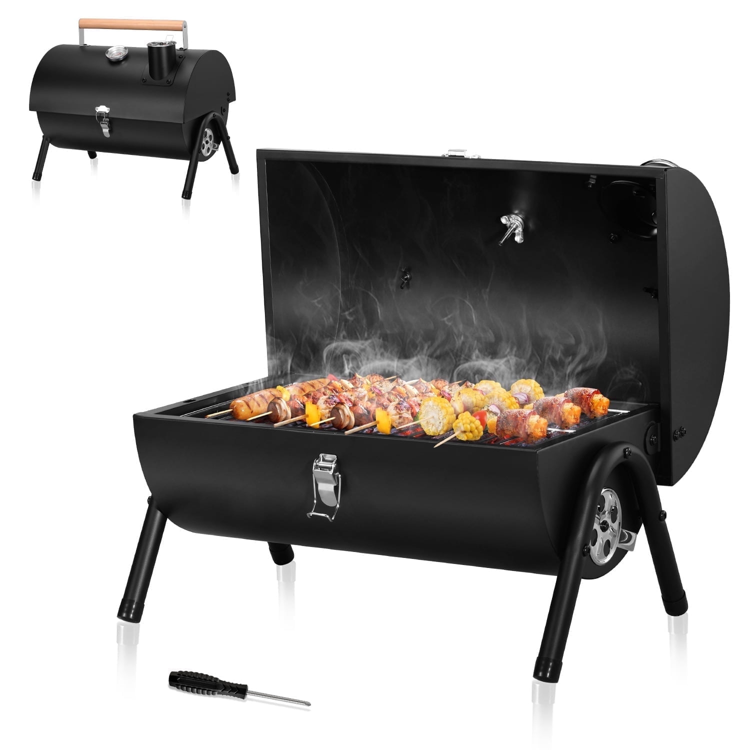 Walchoice Tabletop Charcoal Grill with Thermometer & Chimney, Small Portable Barbecue Grill for Outdoor Cooking Camping Picnic Backyard Beach - Black