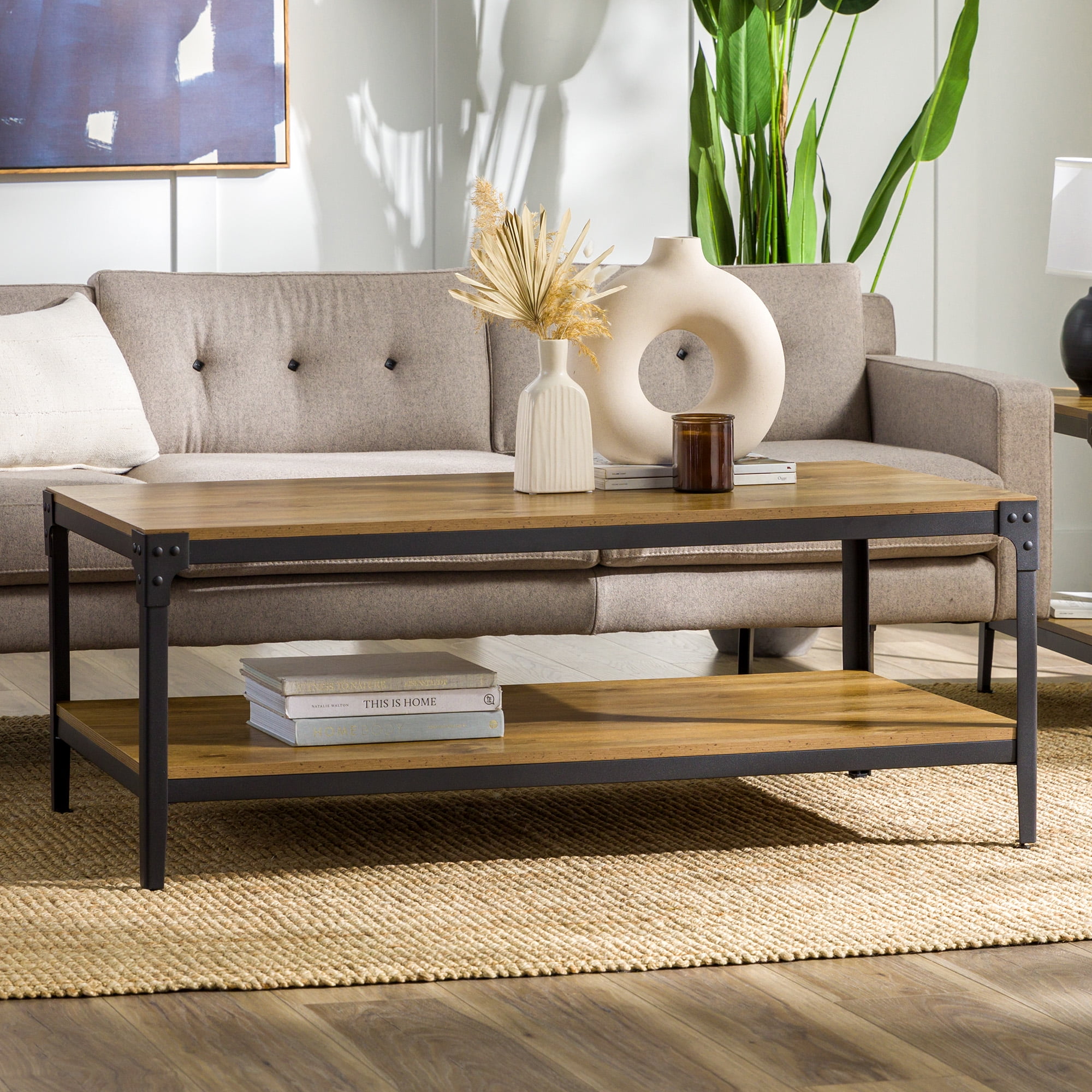 Walker Edison Wilson Angle Iron Rustic Coffee Table, Barnwood