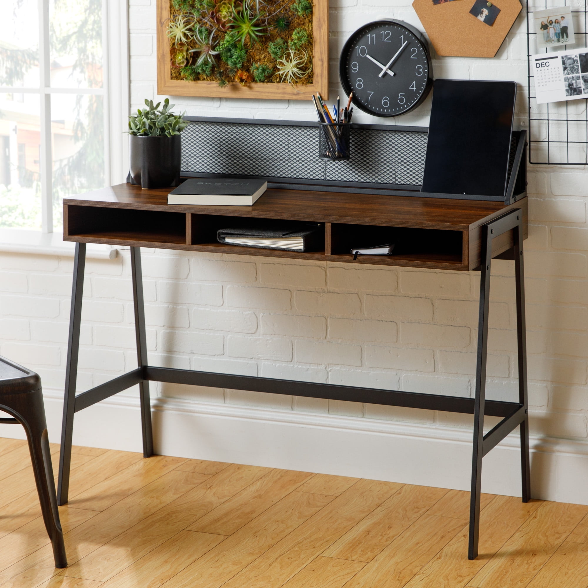 Walker Edison Writing Desk with Mesh Back, Dark Walnut