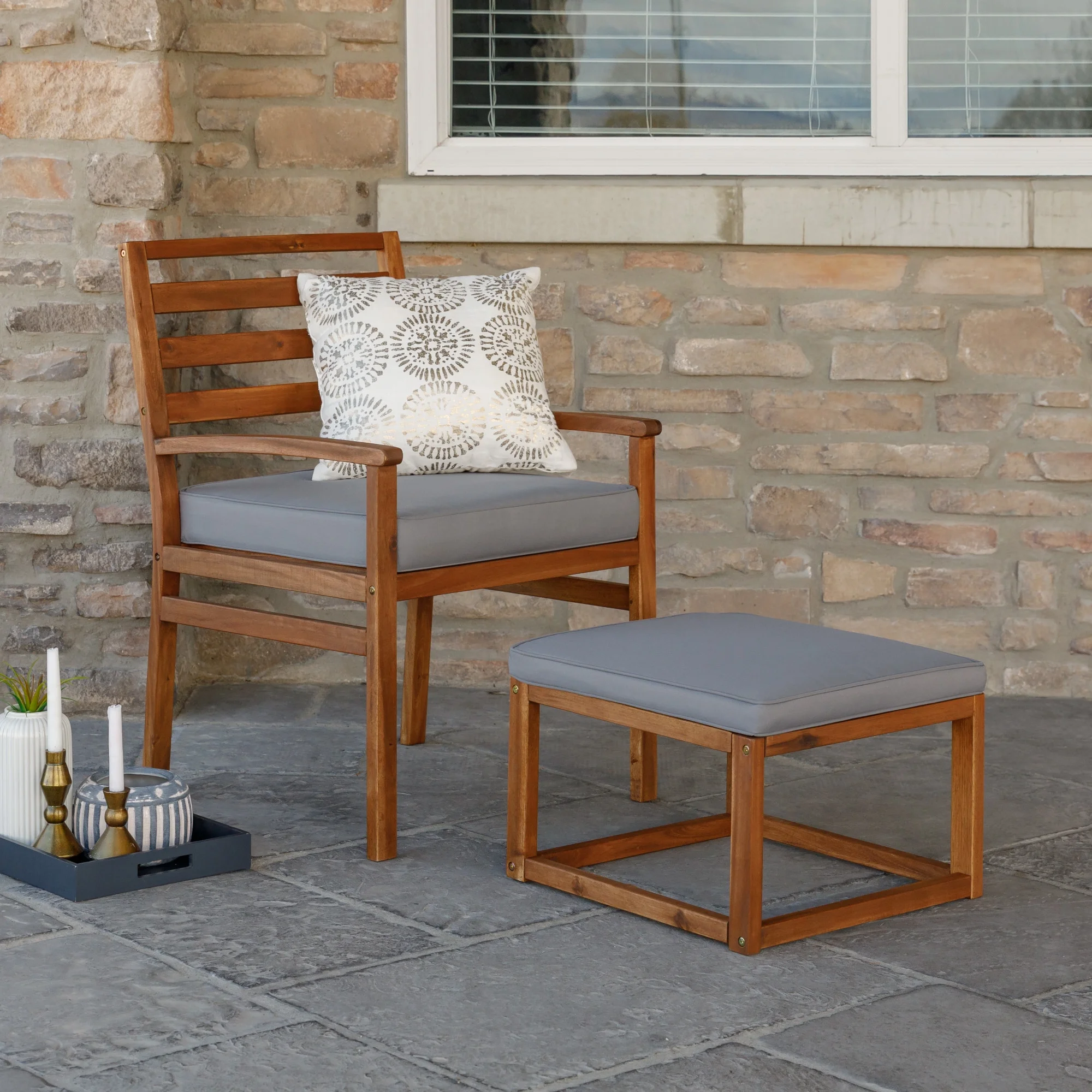 Walker Edison Acacia Wood Outdoor Patio Chair & Pull Out Ottoman - Brown/Grey