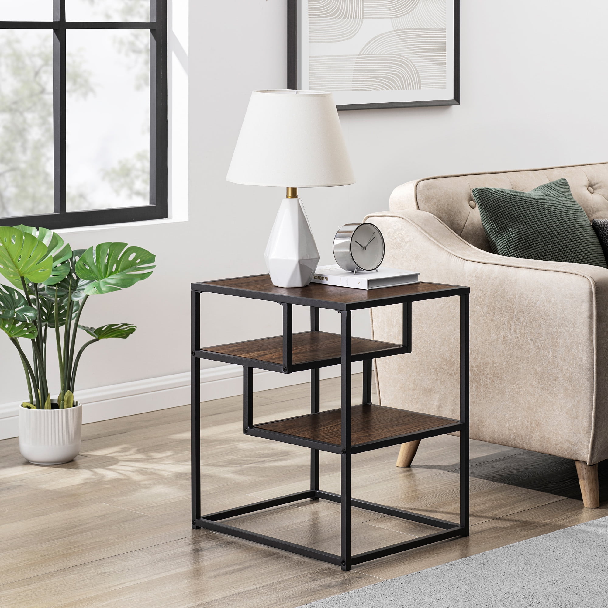 Walker Edison Contemporary Wood and Metal Tiered Side Table, Dark Walnut